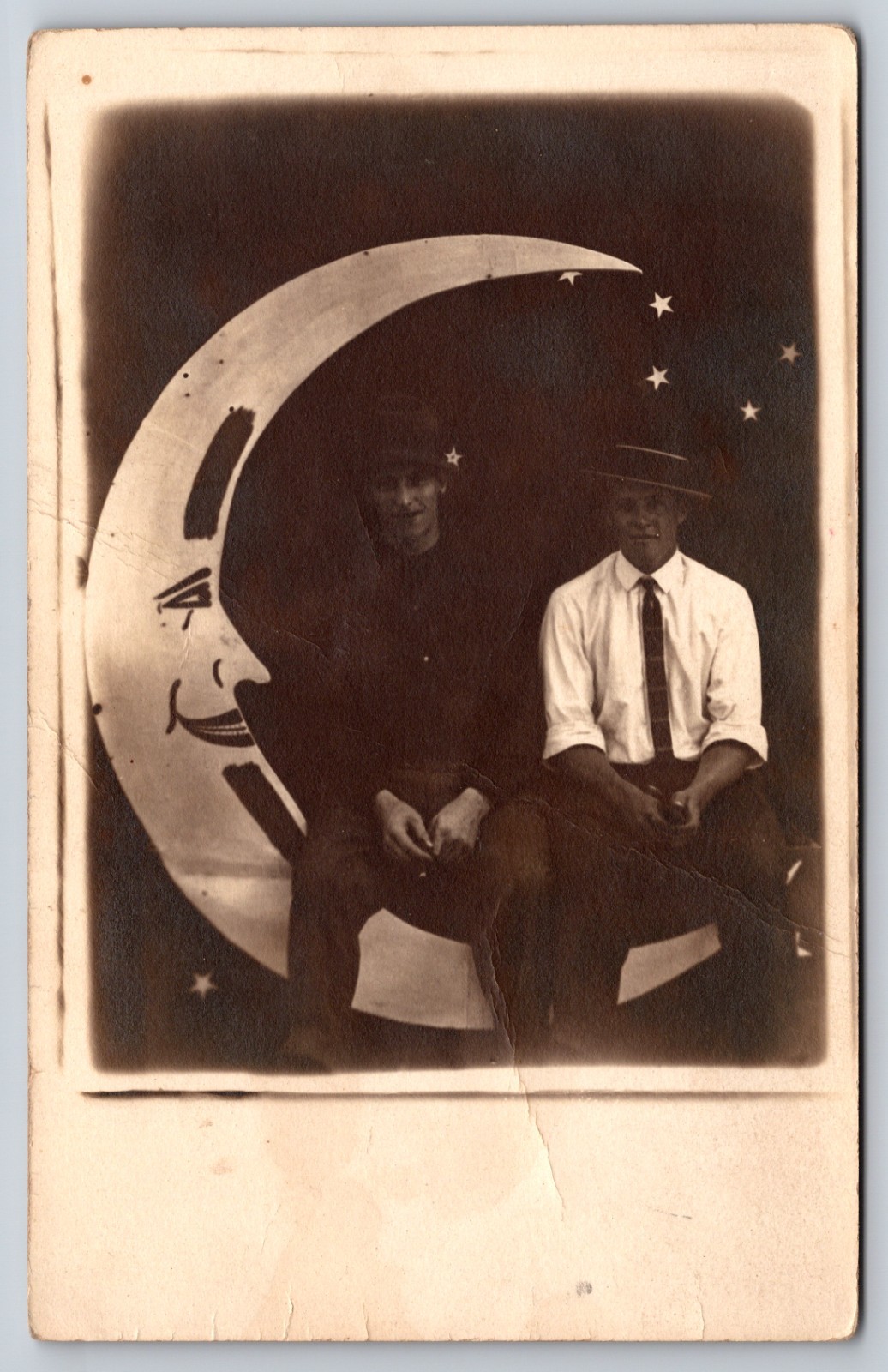Two Teenage Boys on Paper Moon Dark Studio Backdrop with Stars Real Photo Postcard