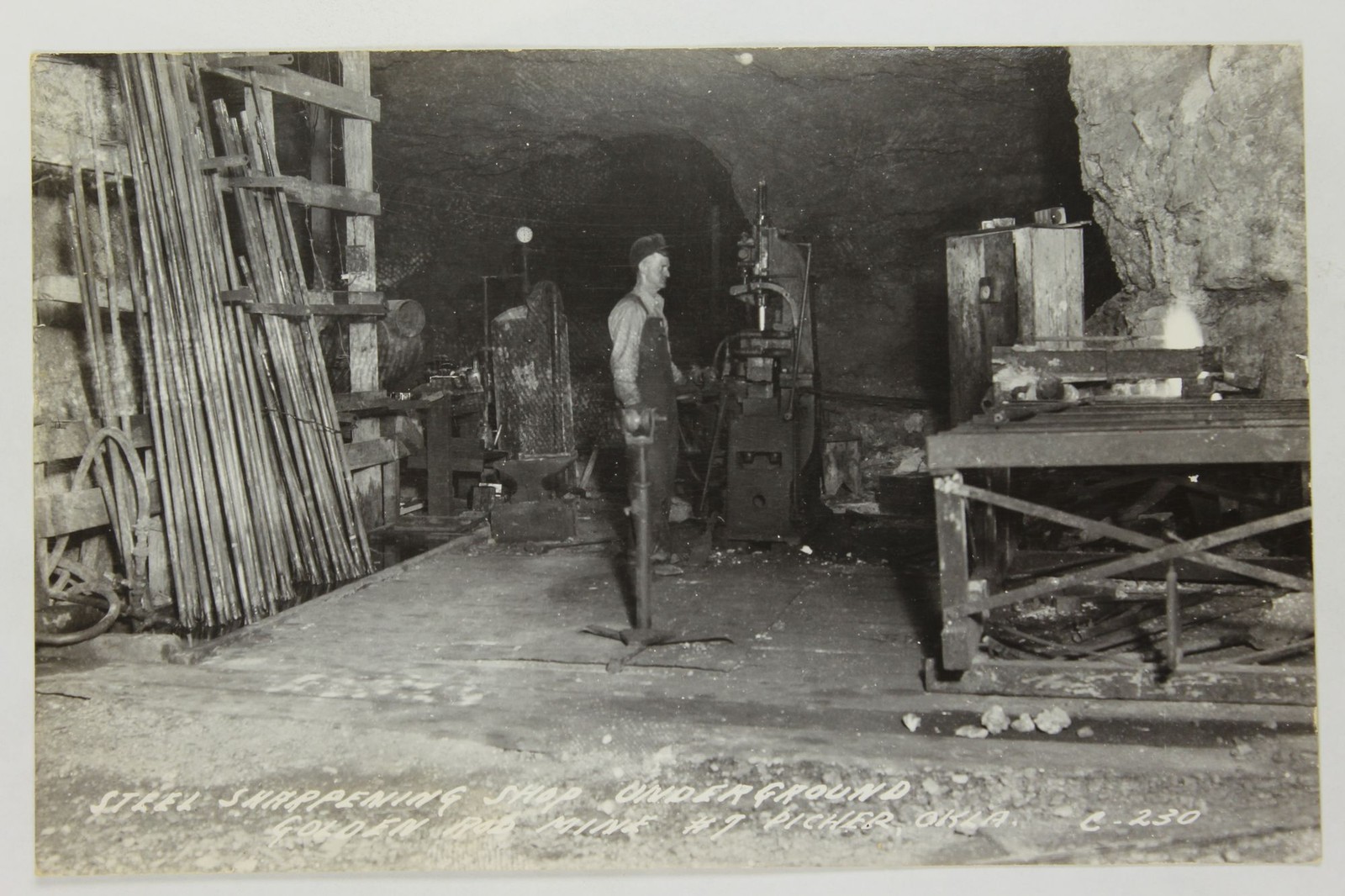 Picher Oklahoma Golden Eagle Mine #7 Underground Steel Sharpening Shop with Miner Real Photo Postcard