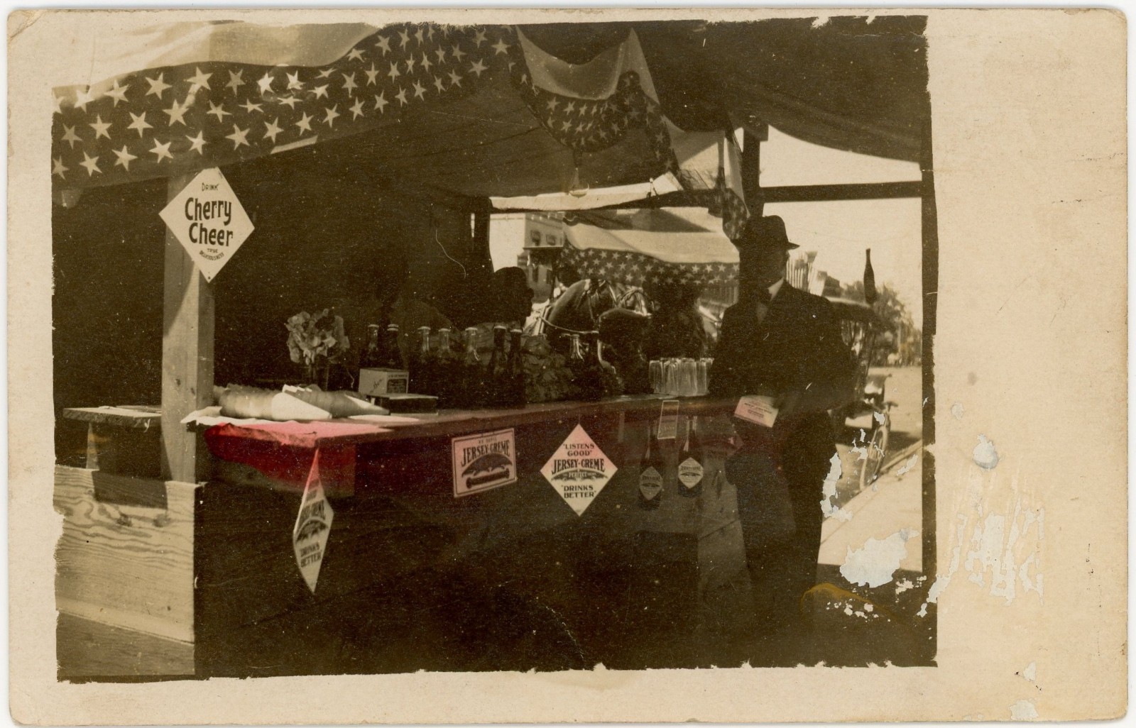 Patriotic Booth Soda Stand With Cherry Cheer & Jersey Creme Advertising Real Photo Postcard
