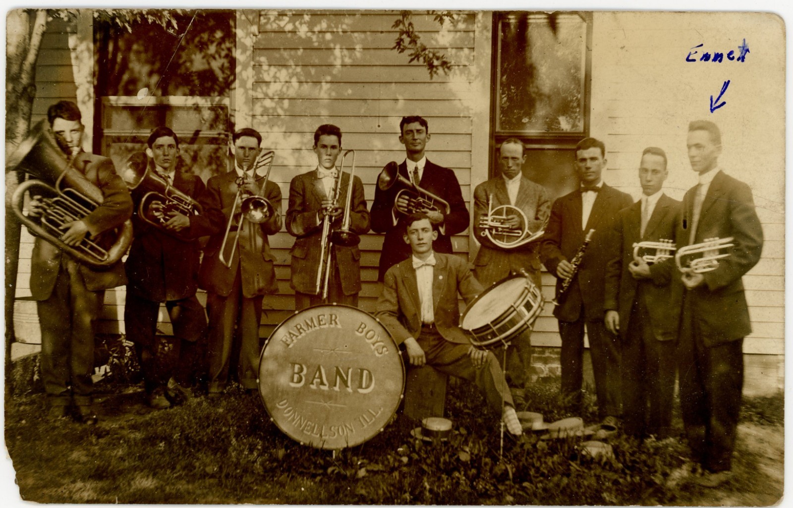 Donnellson Illinois Farmer Boys Rural Brass Band 1910–1915 Real Photo Postcard