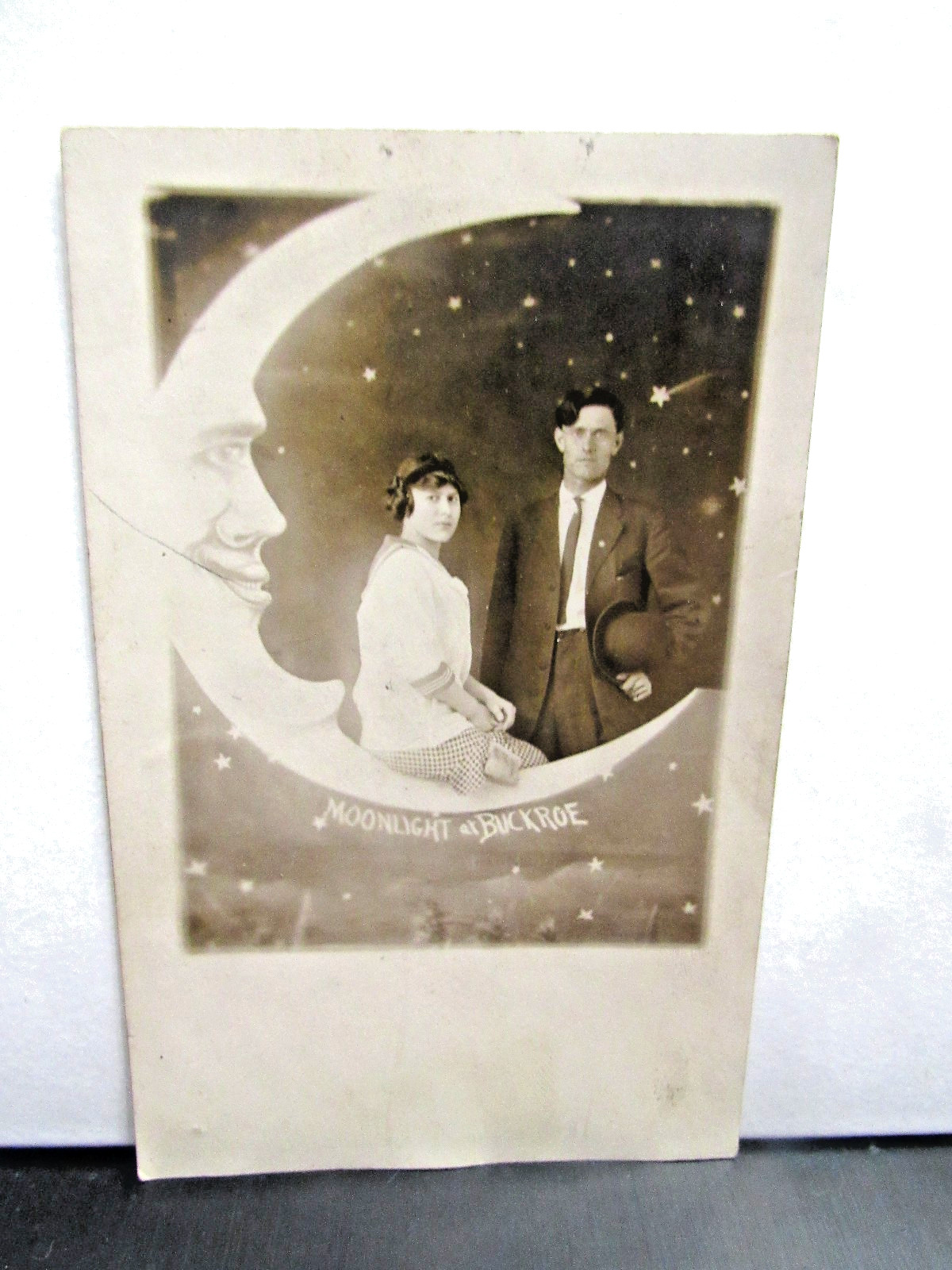 Buckroe Couple Paper Moon 1920s Real Photo Postcard