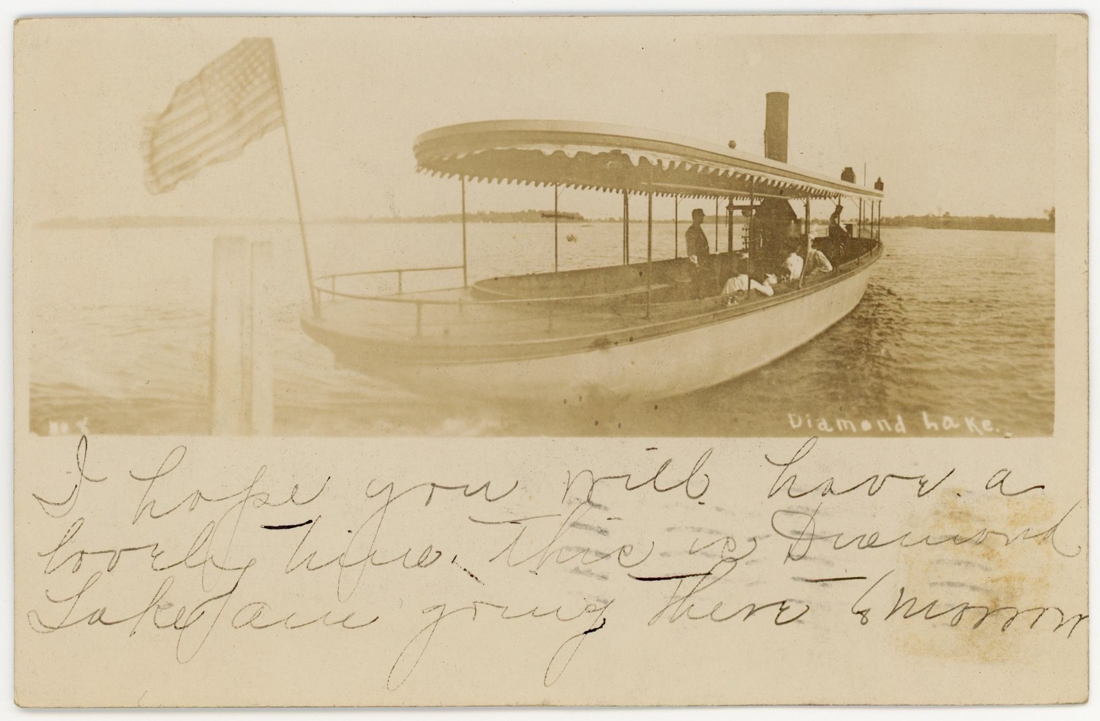 Diamond Lake Cass County Michigan Excursion Launch Boat 1907 Real Photo Postcard