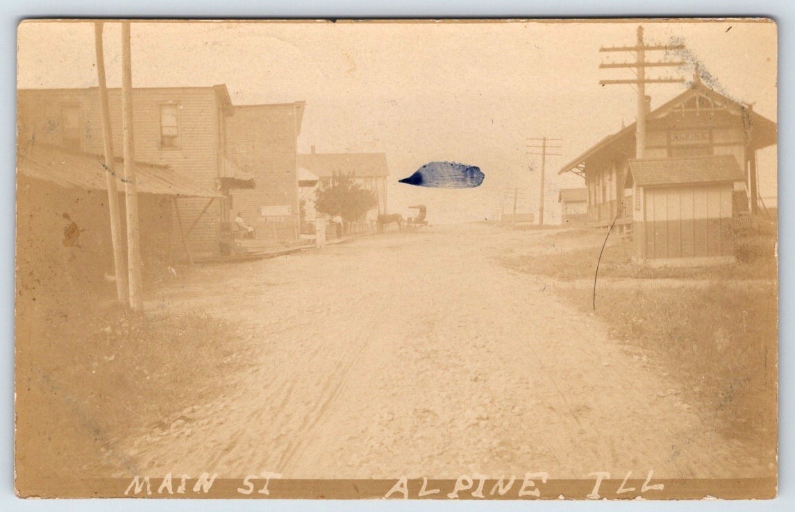 Alpine Illinois Main Street Train Depot Saloons Store DPO 1909 Real Photo Postcard