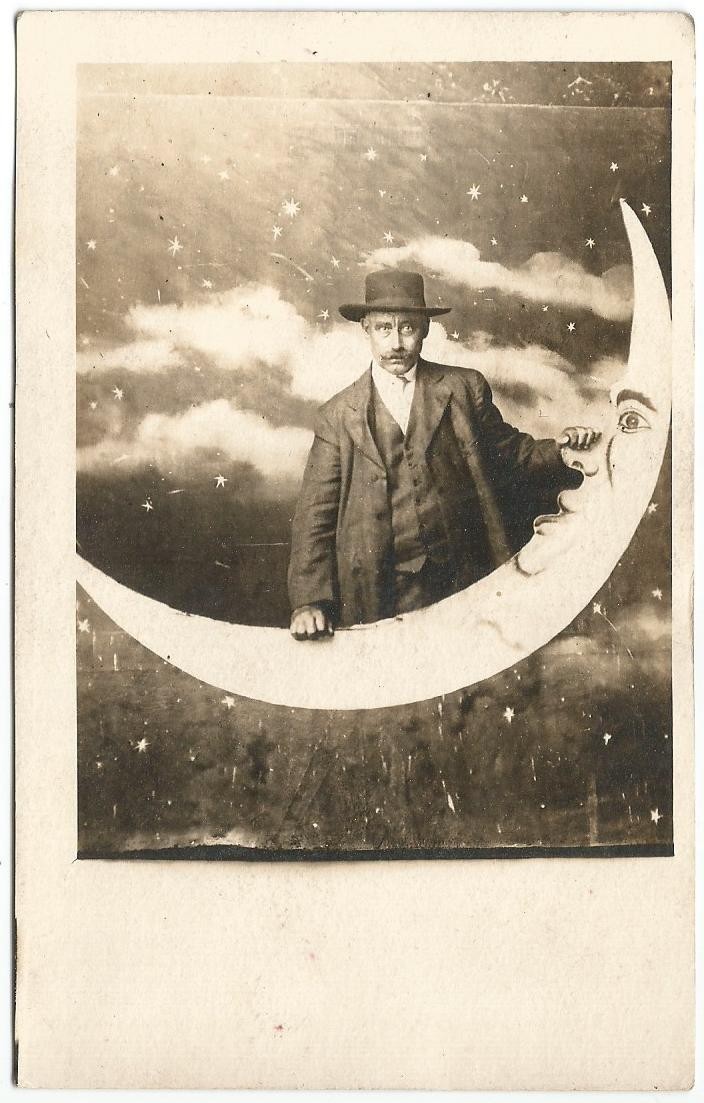 Man In The Moon Studio Pose 1913 Real Photo Postcard