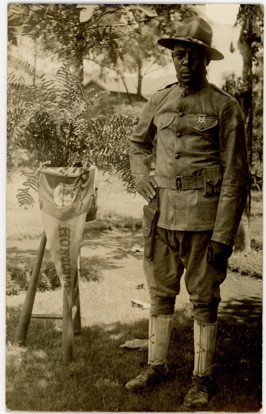Honolulu Hawaii African American United States Army Infantry Soldier with Pennant World War 1 Real Photo Postcard