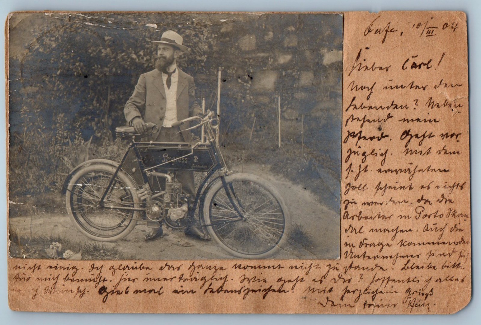 Man With Progress Motorcycle Field Scene 1904 Real Photo Postcard