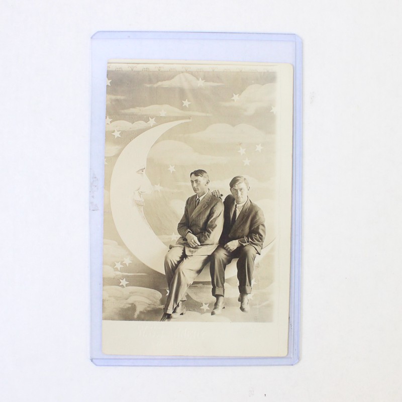 Madison Nebraska 2 Men Sitting On The Crescent Moon W.S. Tannery Real Photo Postcard