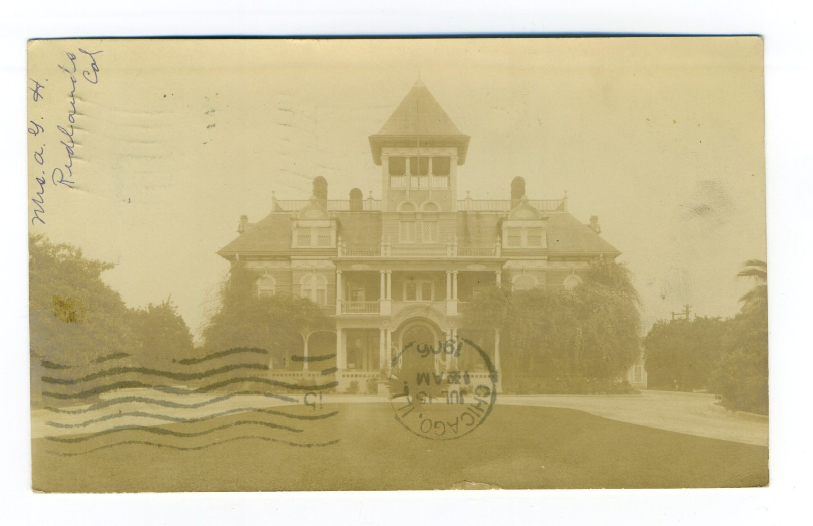 Redlands California Handsome Building Tower Mansion 1906 Real Photo Postcard