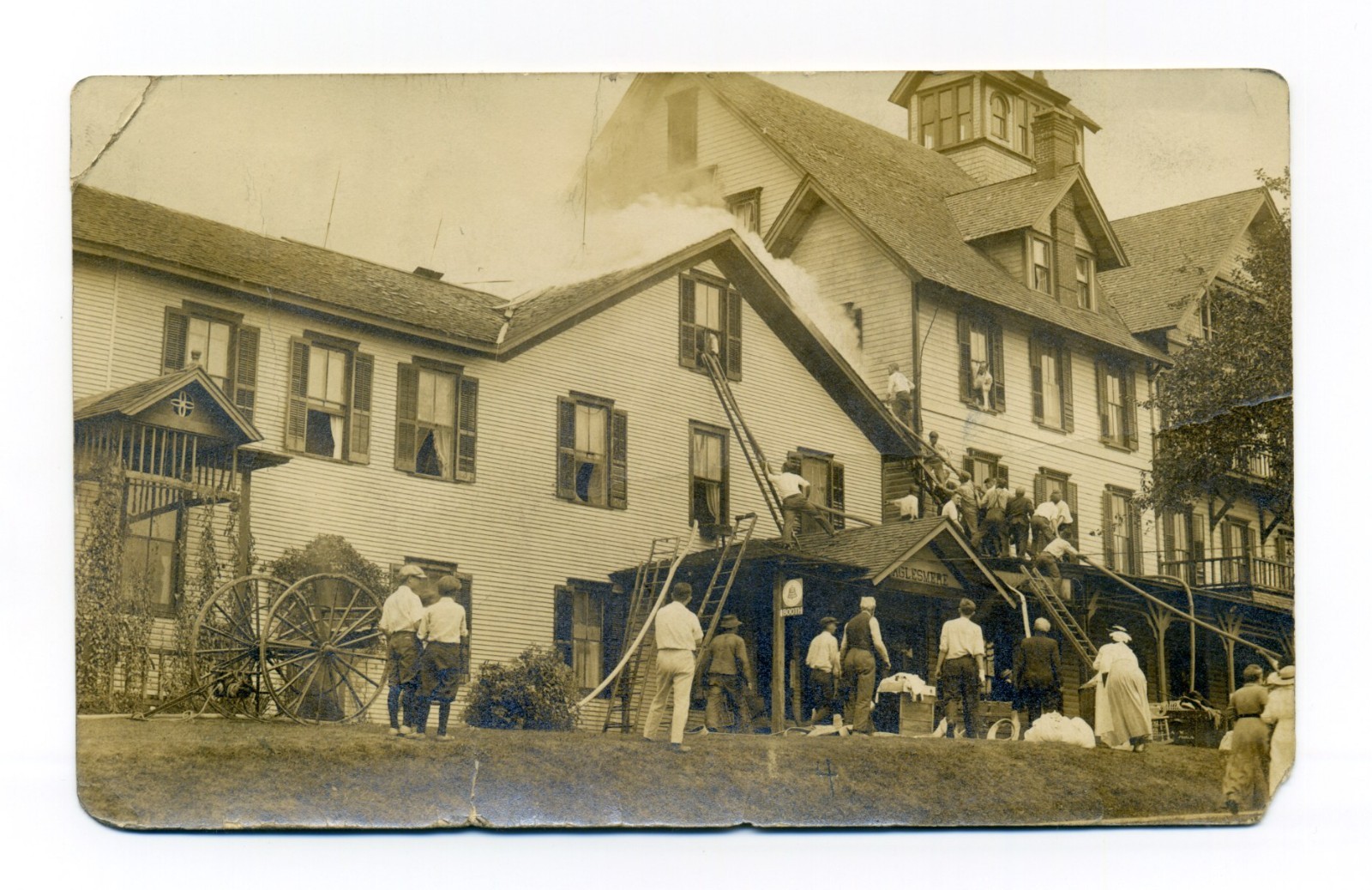Eagles Mere Hotel Sullivan County Pennsylvania People Battling Fire Real Photo Postcard