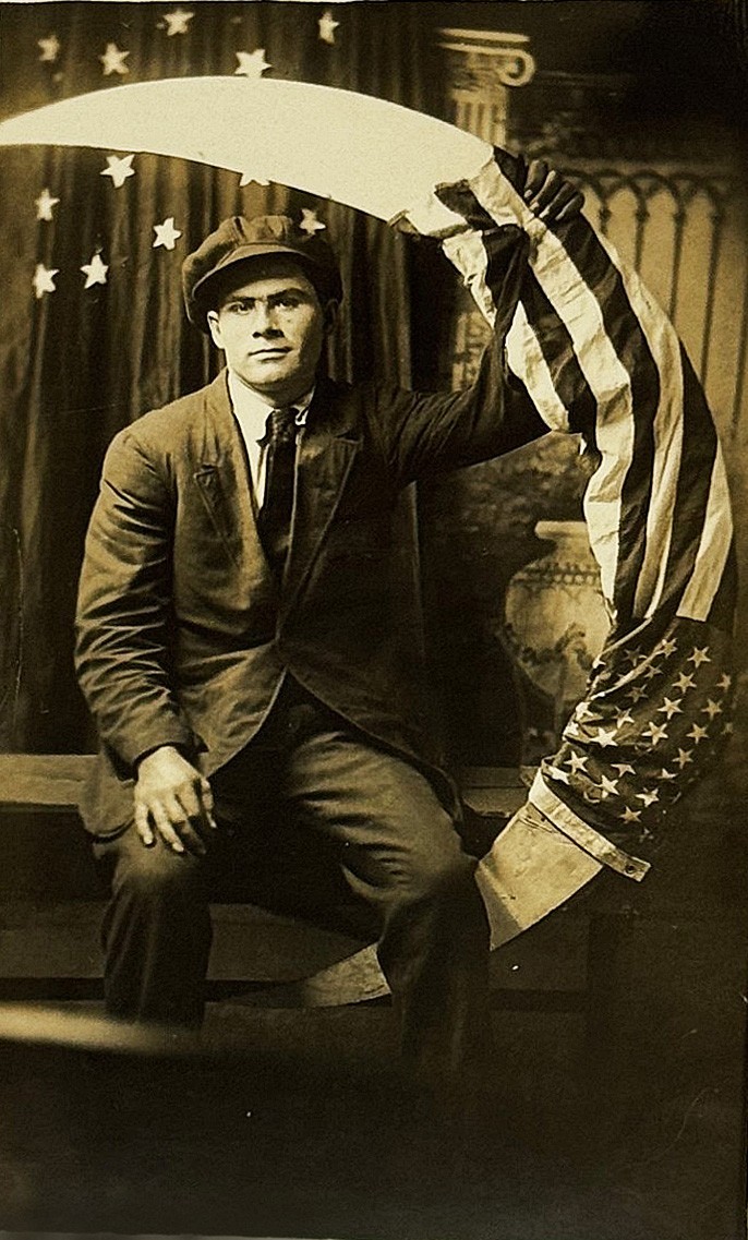 Studio Paper Moon Patriotic Man With American Flag 1900 Real Photo Postcard