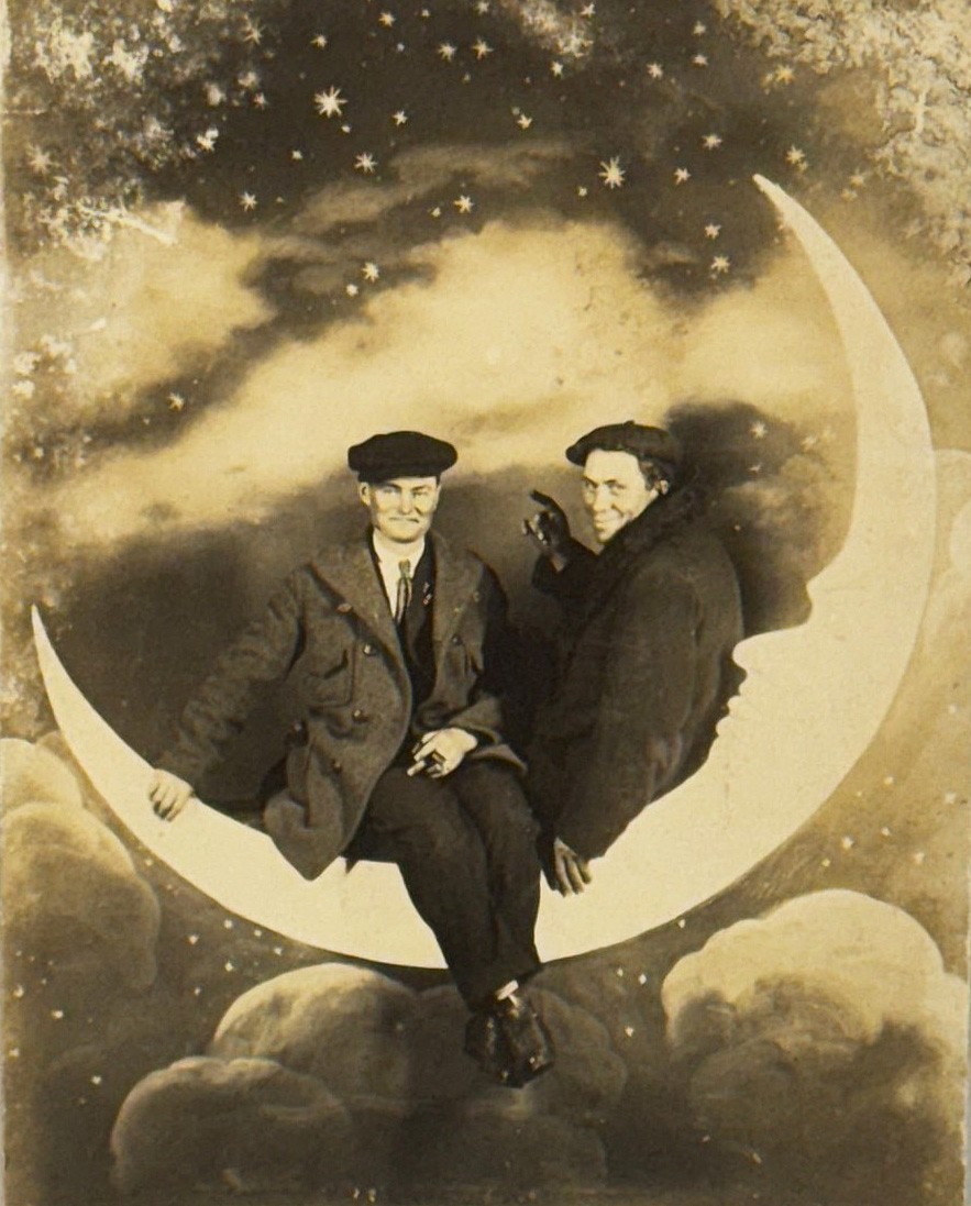 2 Men on Cut-Out Studio Paper Moon 1900 Real Photo Postcard