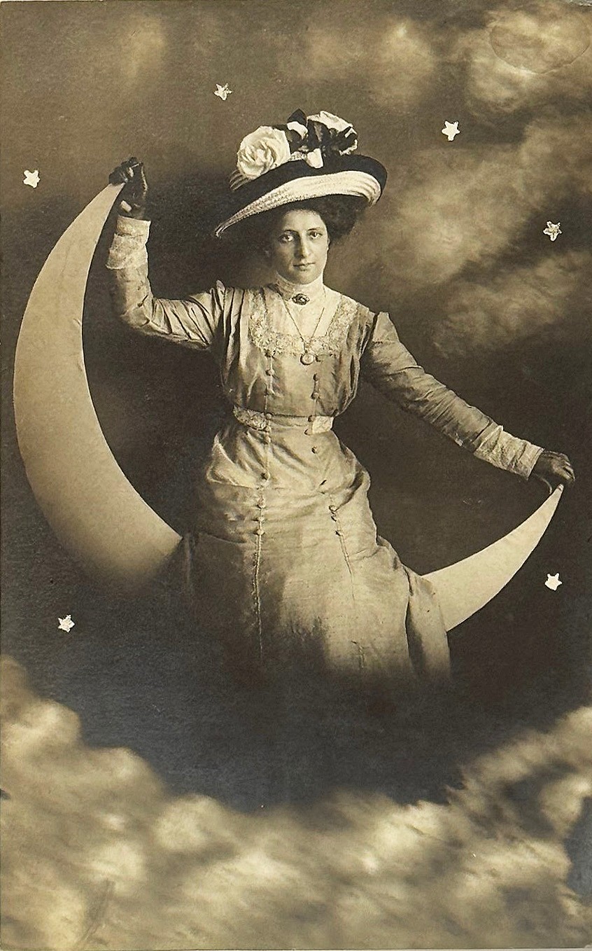 Woman With Gloves In Paper Moon With Clouds Real Photo Postcard