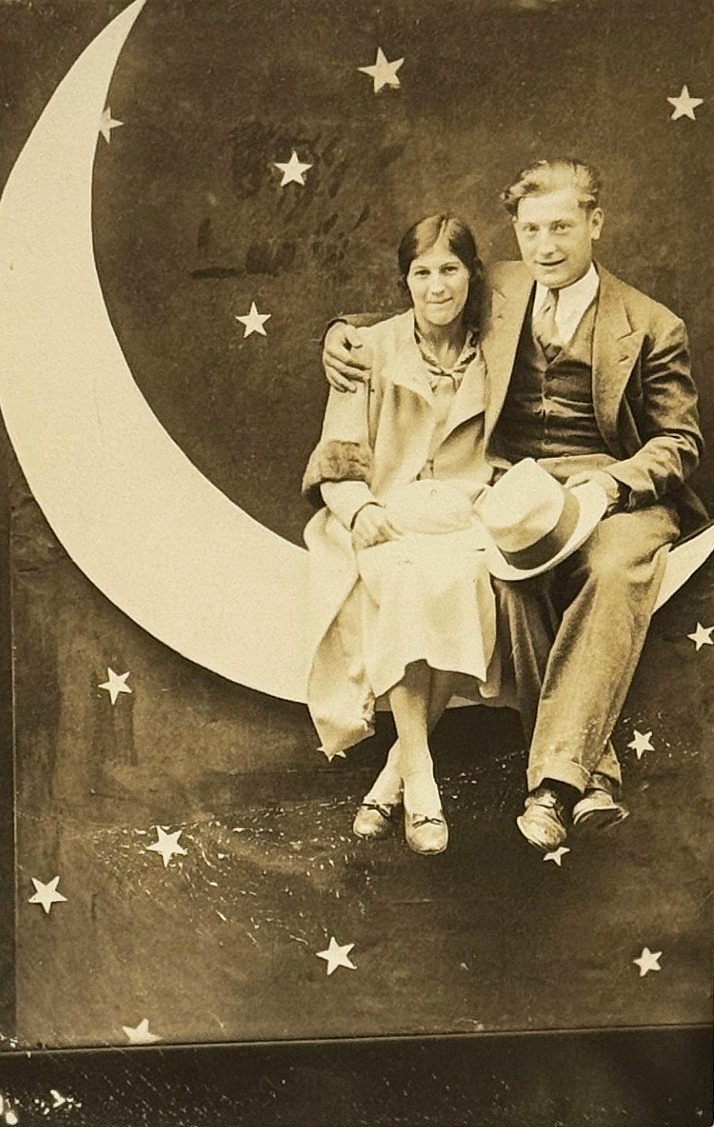 Happy Couple Studio Paper Moon 1900-1909 Real Photo Postcard