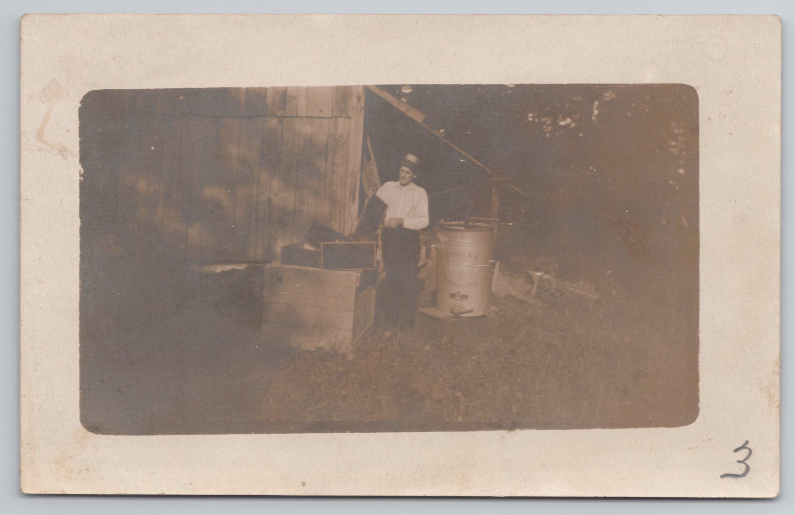 Man Beekeeping Honey From Apiary Hive Cowens Rapid Extractor Real Photo Postcard