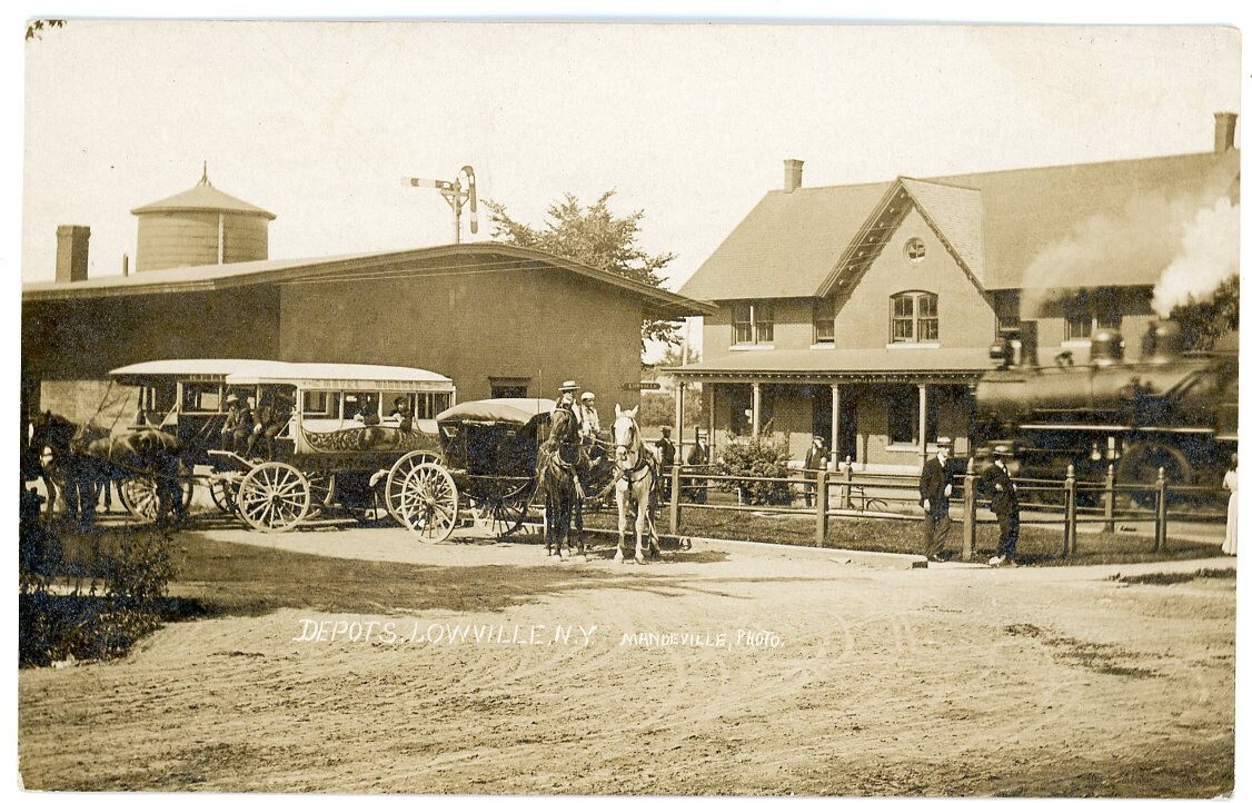 Lowville New York Railroad Depots Hotel Windsor Stage Locomotive Mandeville Real Photo Postcard