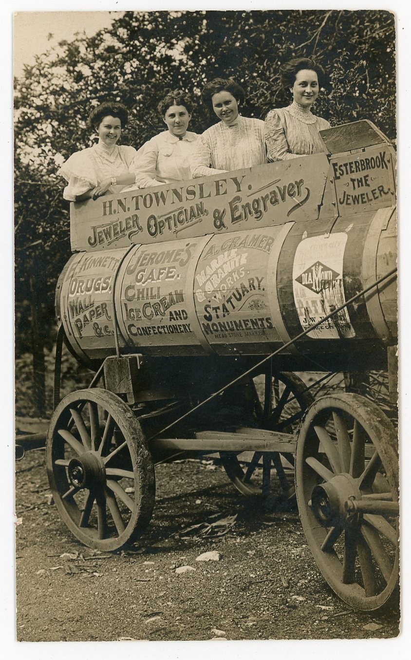 Horse Drawn Vehicle Advertising Jeweler Ice Cream Drugs Wallpaper Cafe Real Photo Postcard