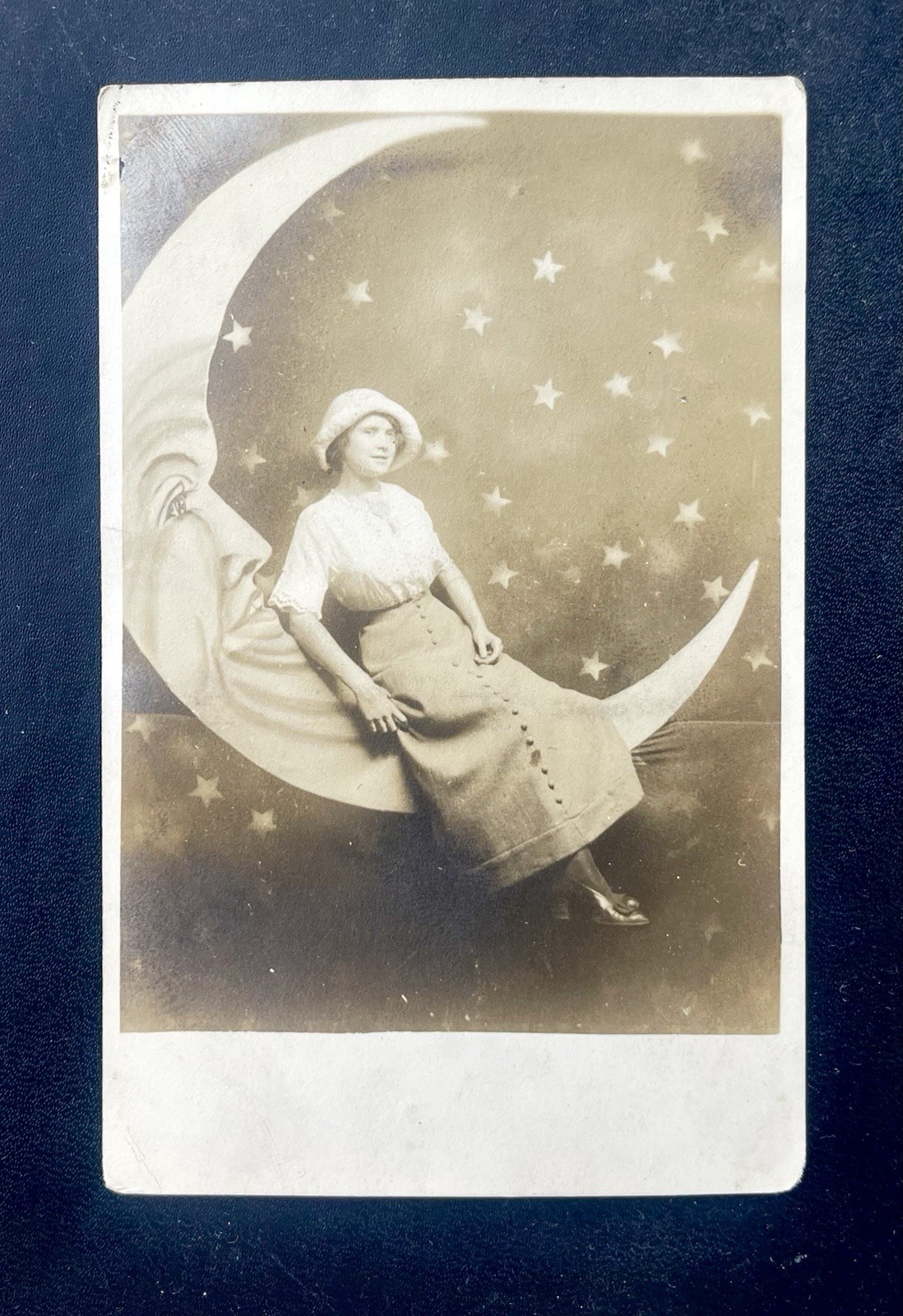 Woman Wearing Hat On Paper Moon 1912 Real Photo Postcard