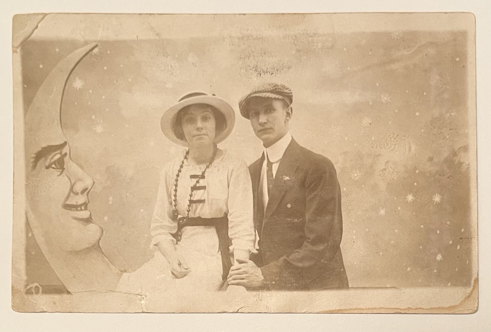 Staten Island New York Paper Moon With Man And Woman Wearing Hats 1912 Real Photo Postcard