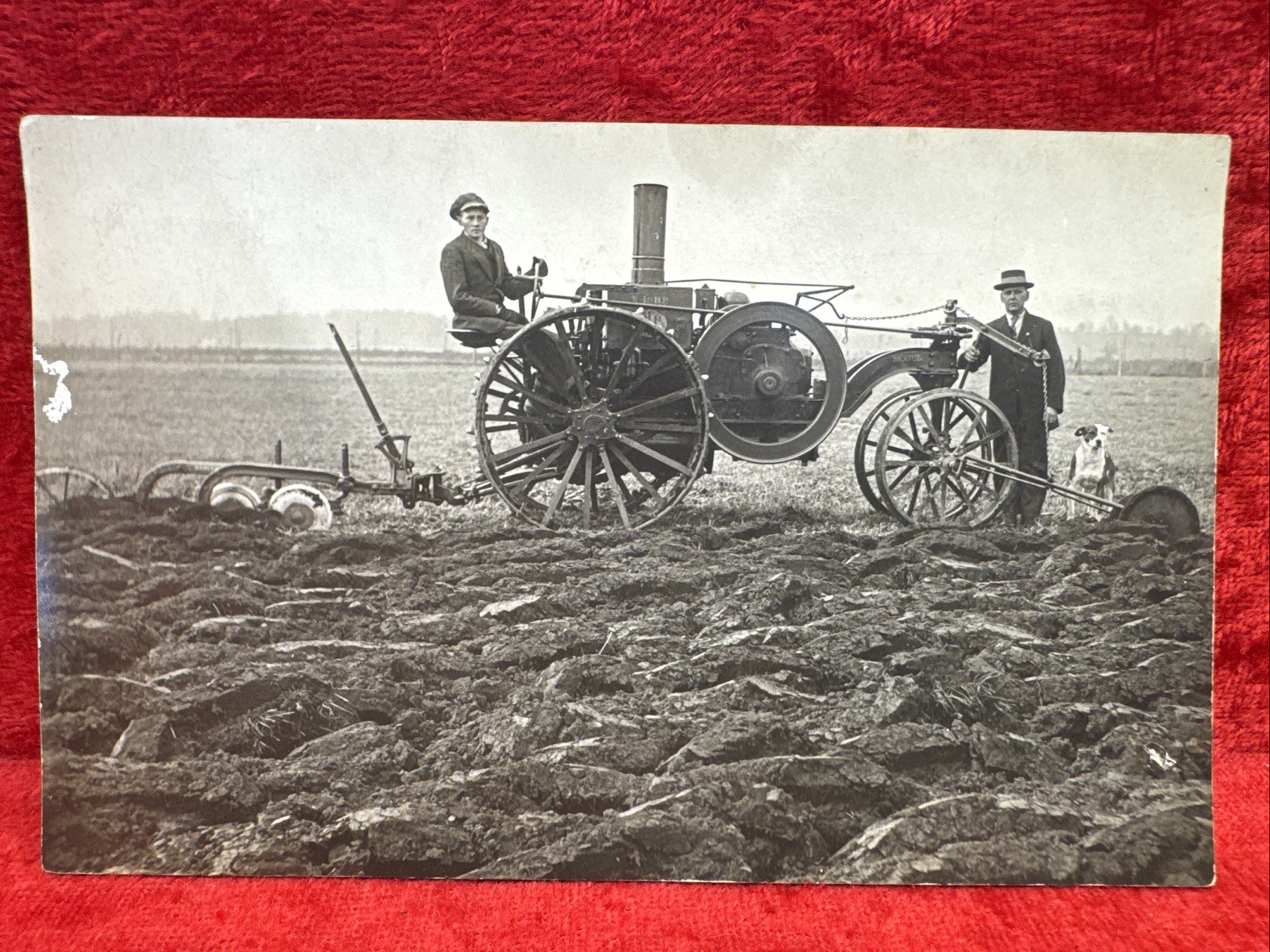 Early Gas Tractor Plowing Field With Farmer And Dog Real Photo Postcard