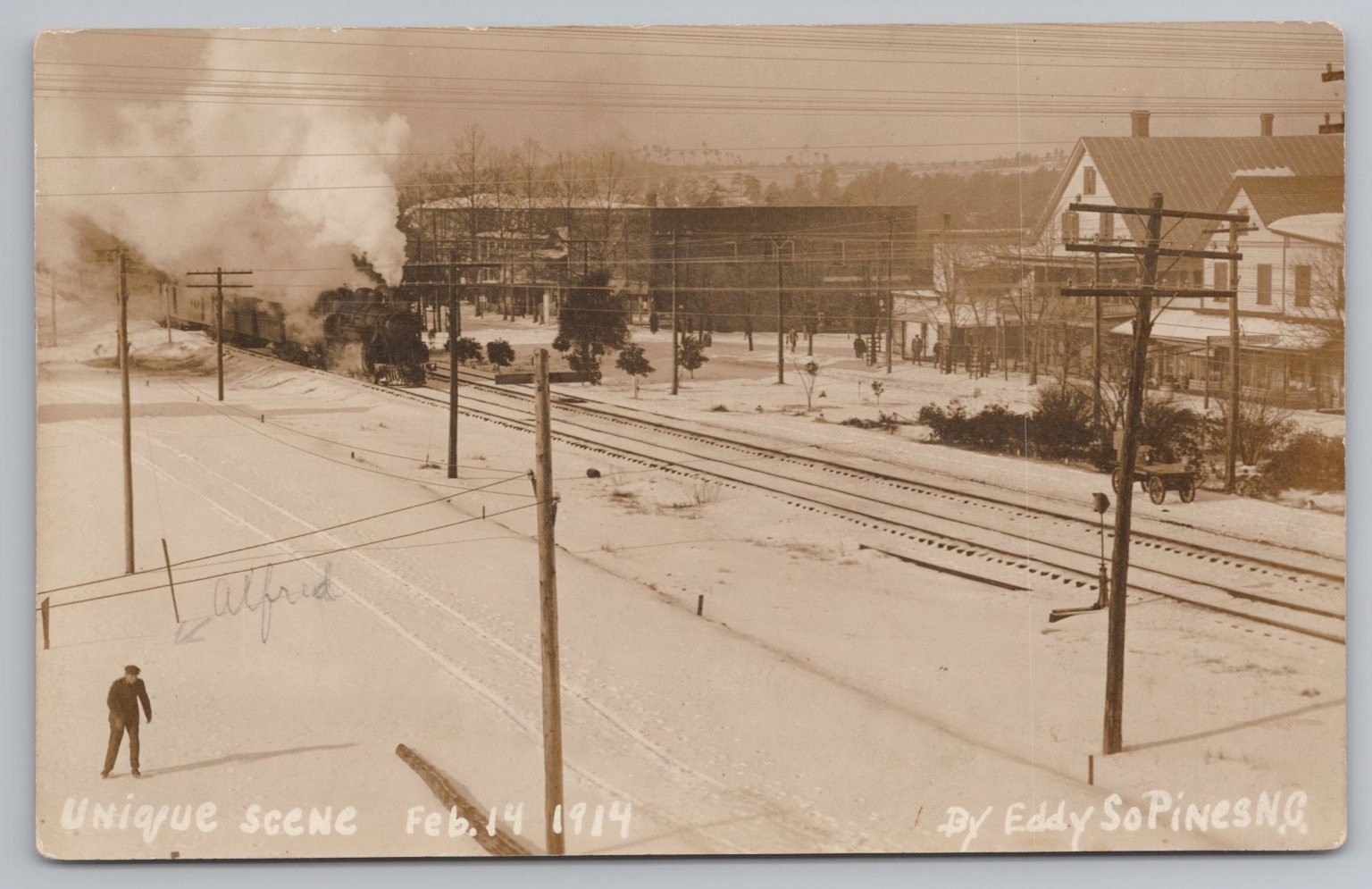 Southern Pines North Carolina Street Scene Train Winter Eddy 1914 Real Photo Postcard