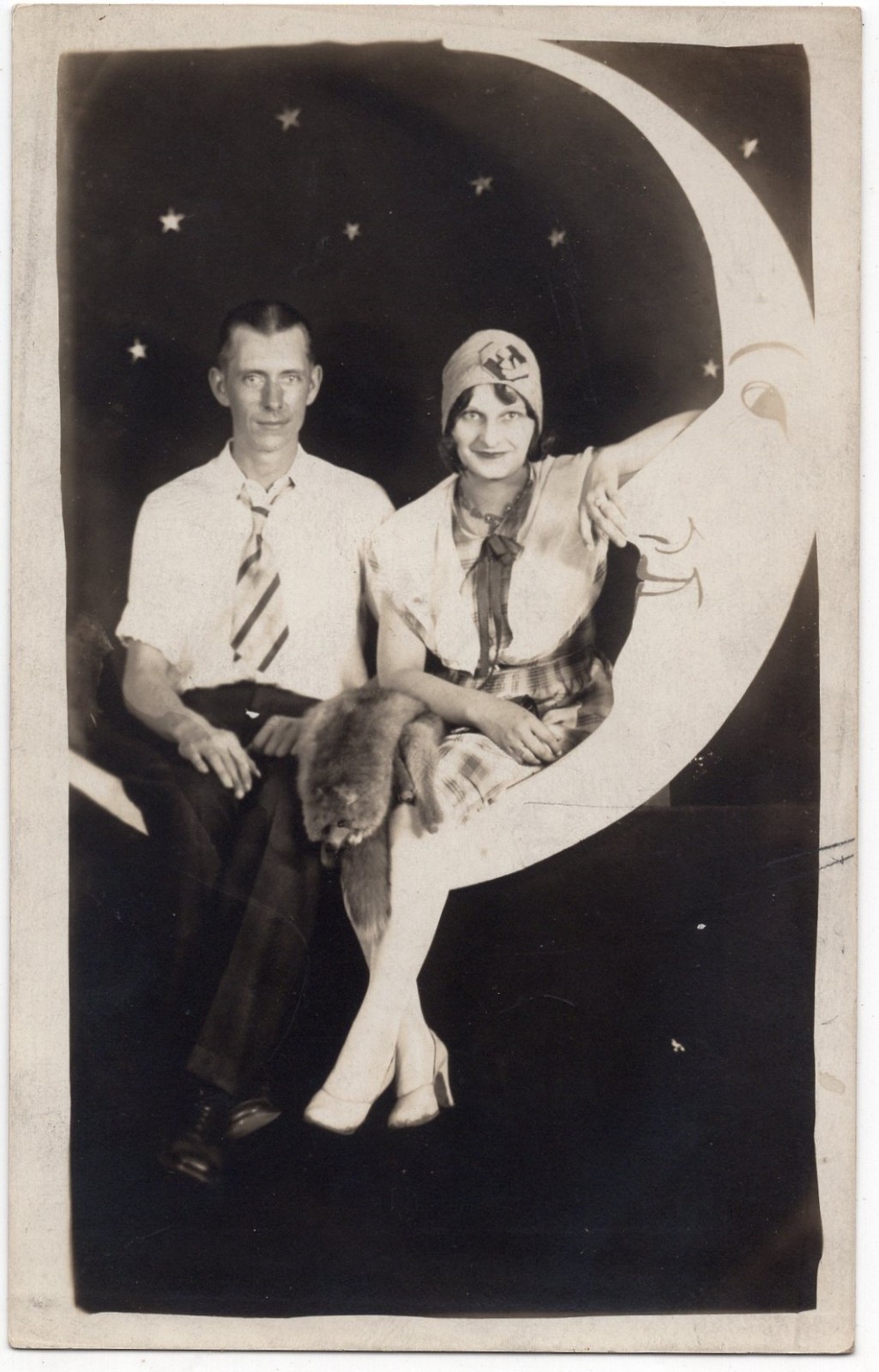 Couple Sitting on The Paper Moon Studio Real Photo Postcard