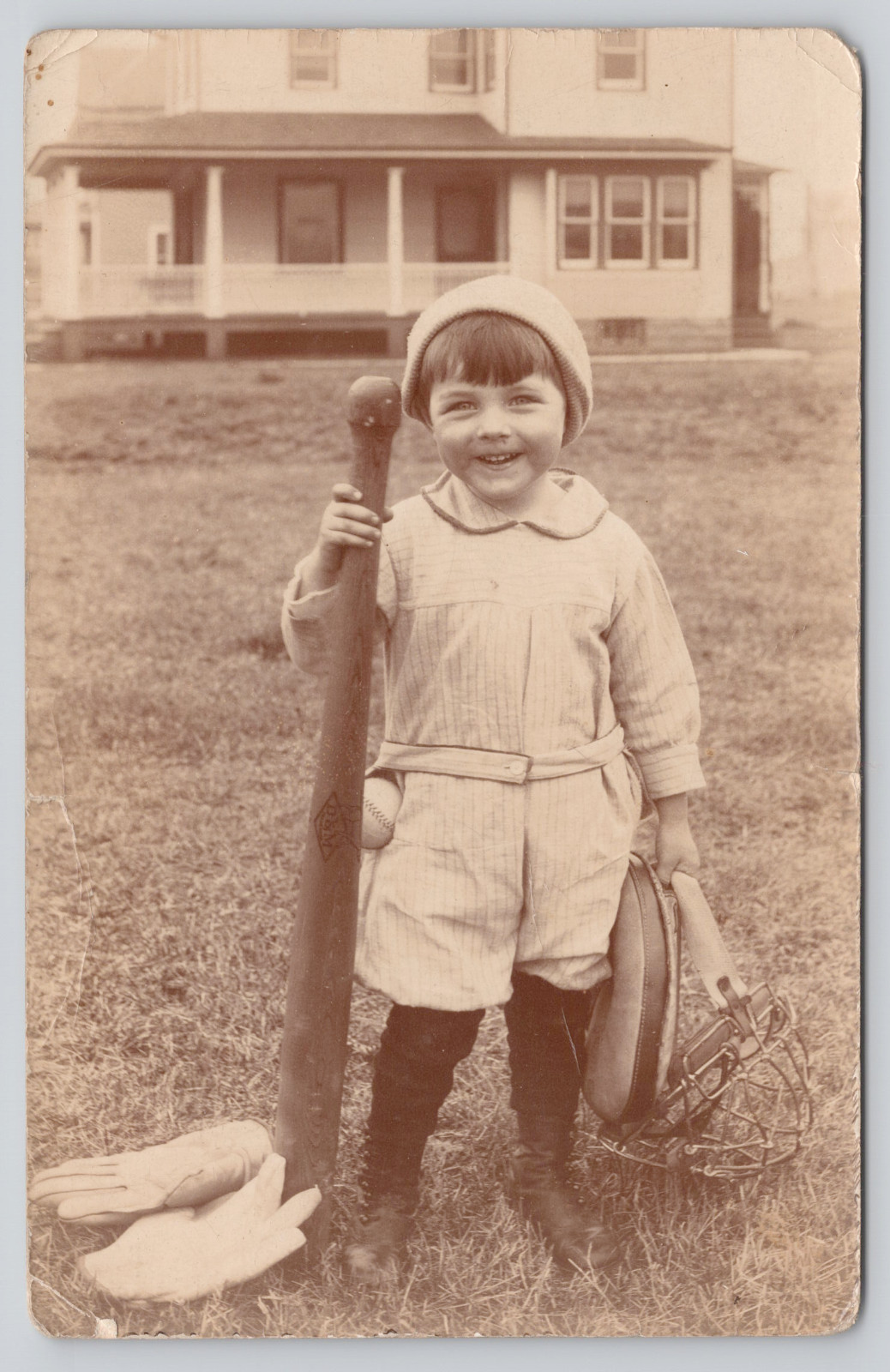 Child Baseball Player With Draper & Maynard Bat And Catcher Mask Glove Real Photo Postcard
