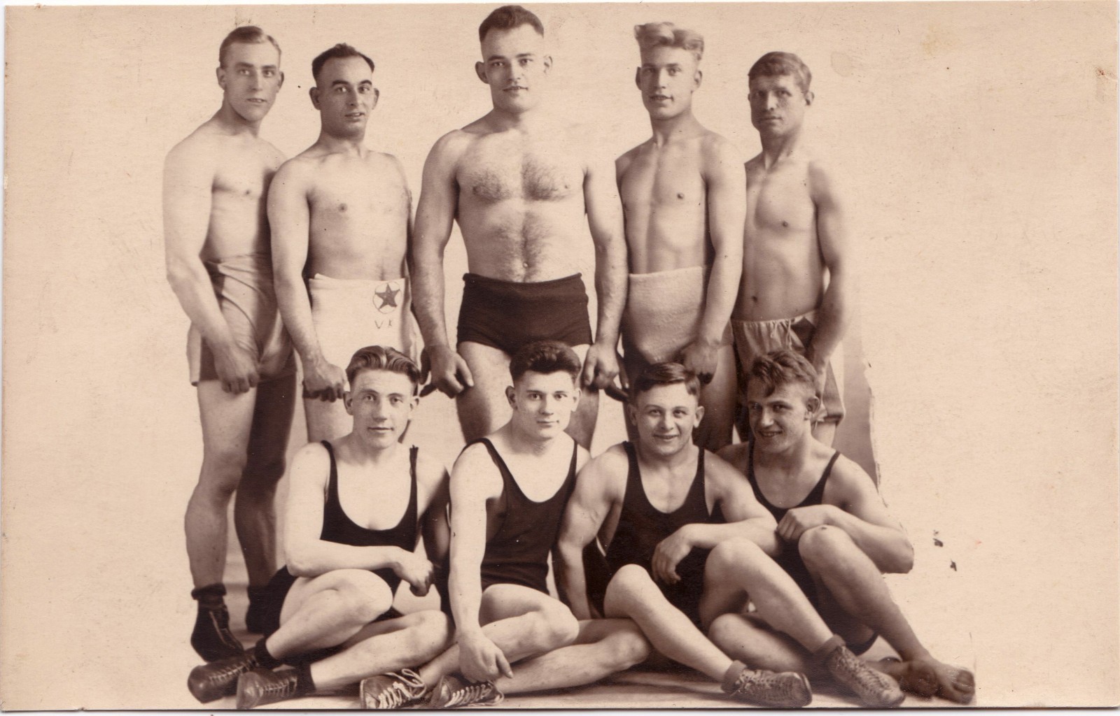 Belgium Shirtless Wrestlers With Coach Real Photo Postcard