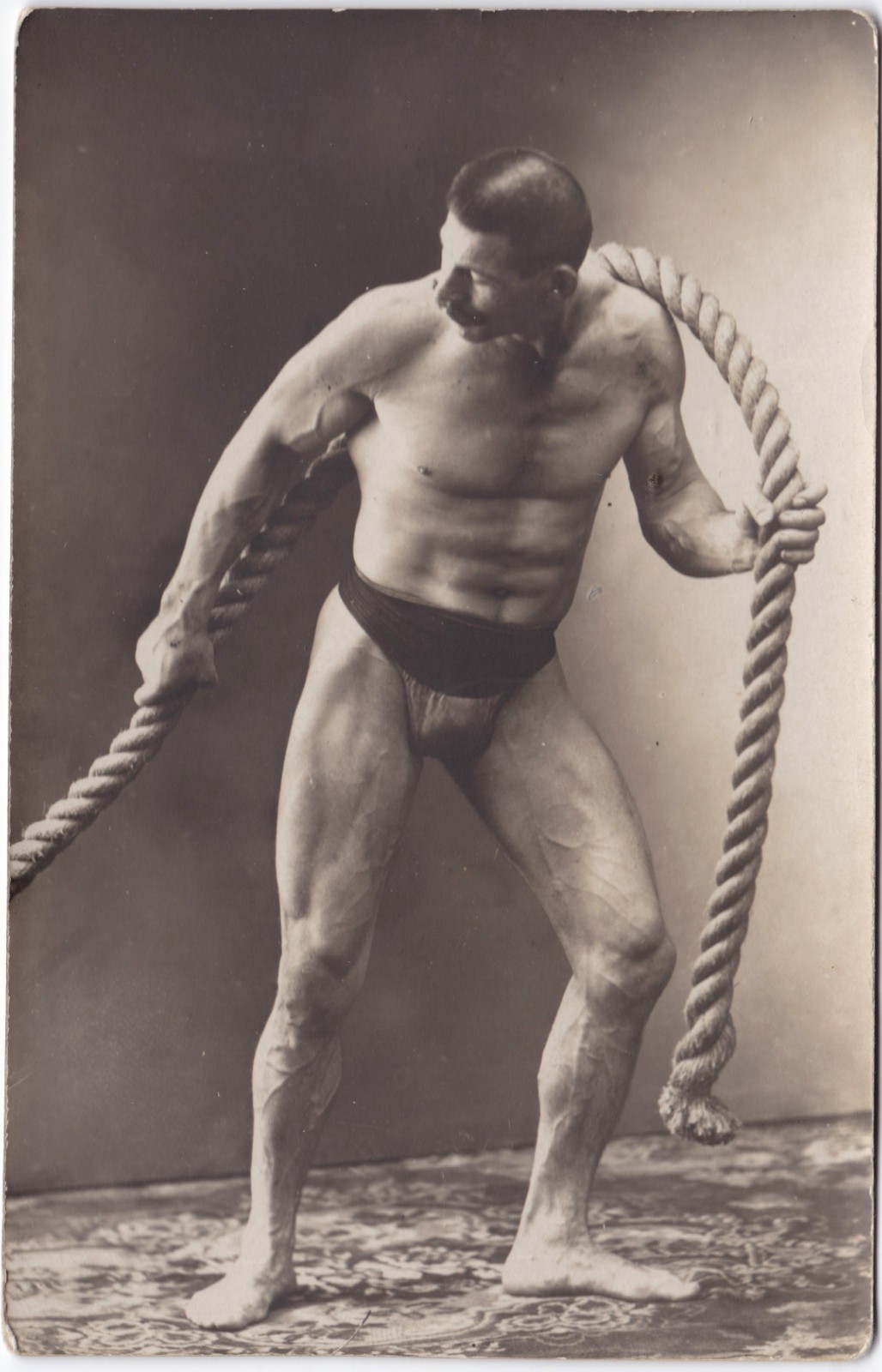 Physique Model Posing with Rope in Black Jockstrap Real Photo Postcard