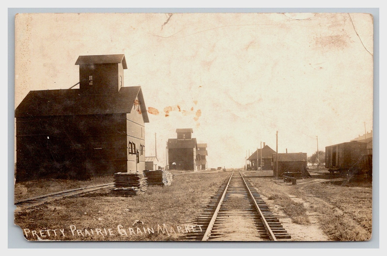 Pretty Prairie Kansas Santa Fe Railroad Depot Grain Market Real Photo Postcard
