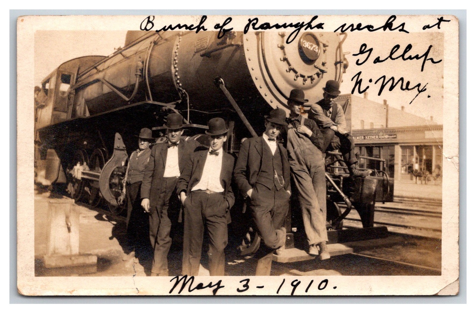 New Mexico Santa Fe Railroad Railmen Rough Necks Railroad Avenue by Depot Real Photo Postcard