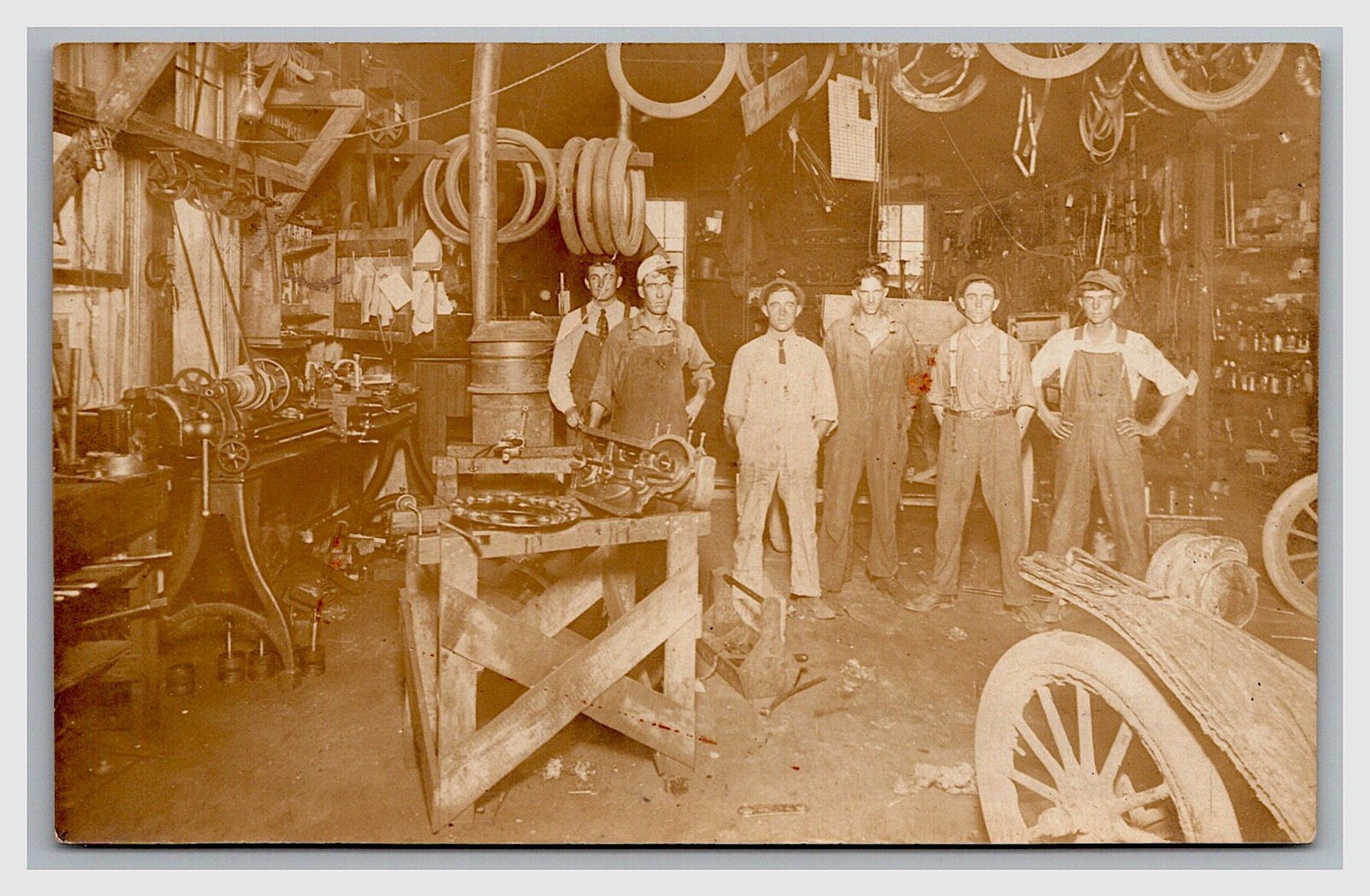 Stockton Kansas Wizard Ford Auto Garage Interior Mechanics Real Photo Postcard