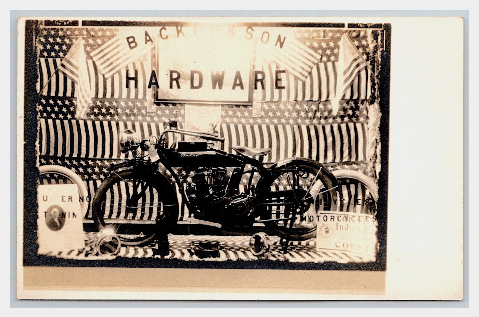 Fulton Missouri Indian Motorcycle Store Display Backer & Son Hardware Real Photo Postcard