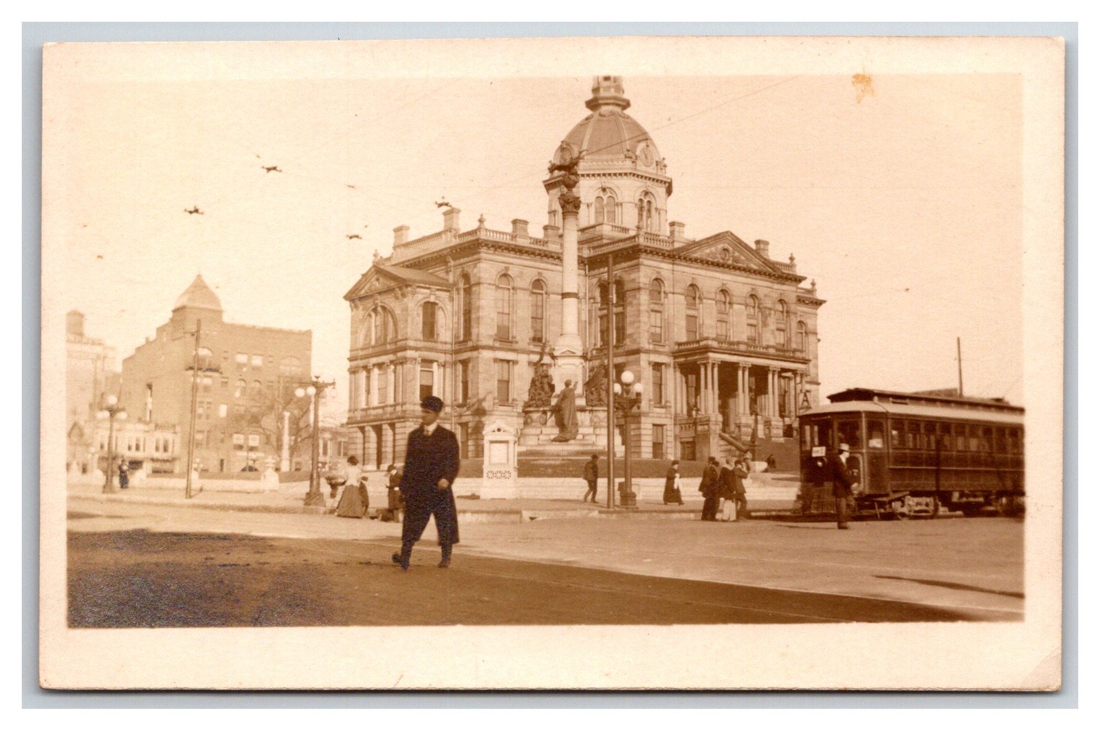 Peoria Illinois Court House And Interurban Street Car Trolley Real Photo Postcard