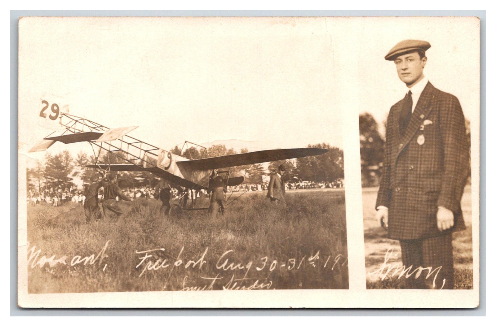 Freeport Illinois Simon's Monoplane Early Flight Pilot Speed Record 1911 Real Photo Postcard