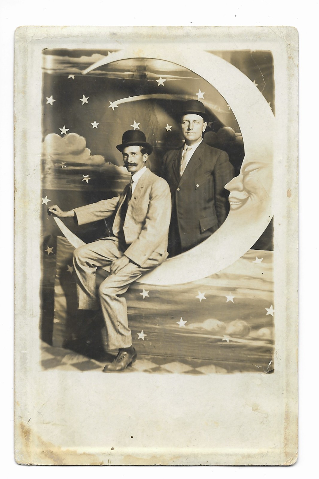 Two Dapper Men With Hats Paper Man In The Moon Real Photo Postcard