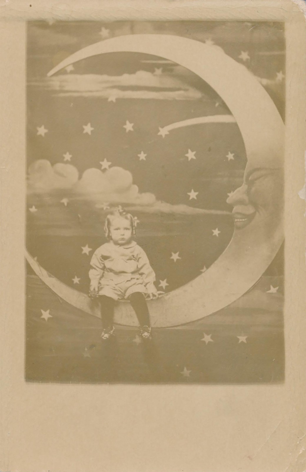 Child Little Boy Girl With Paper Moon Face Stars Real Photo Postcard