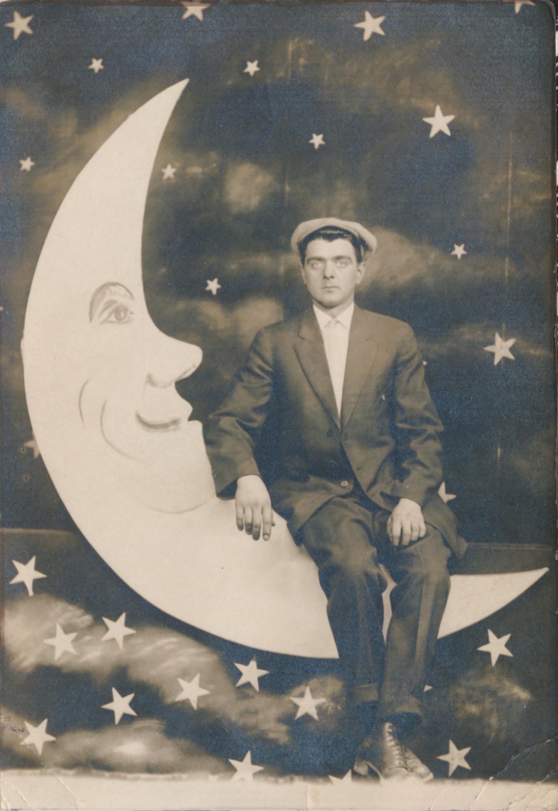 Identified Man George Young With Paper Moon Face, Stars, And Hat Real Photo Postcard