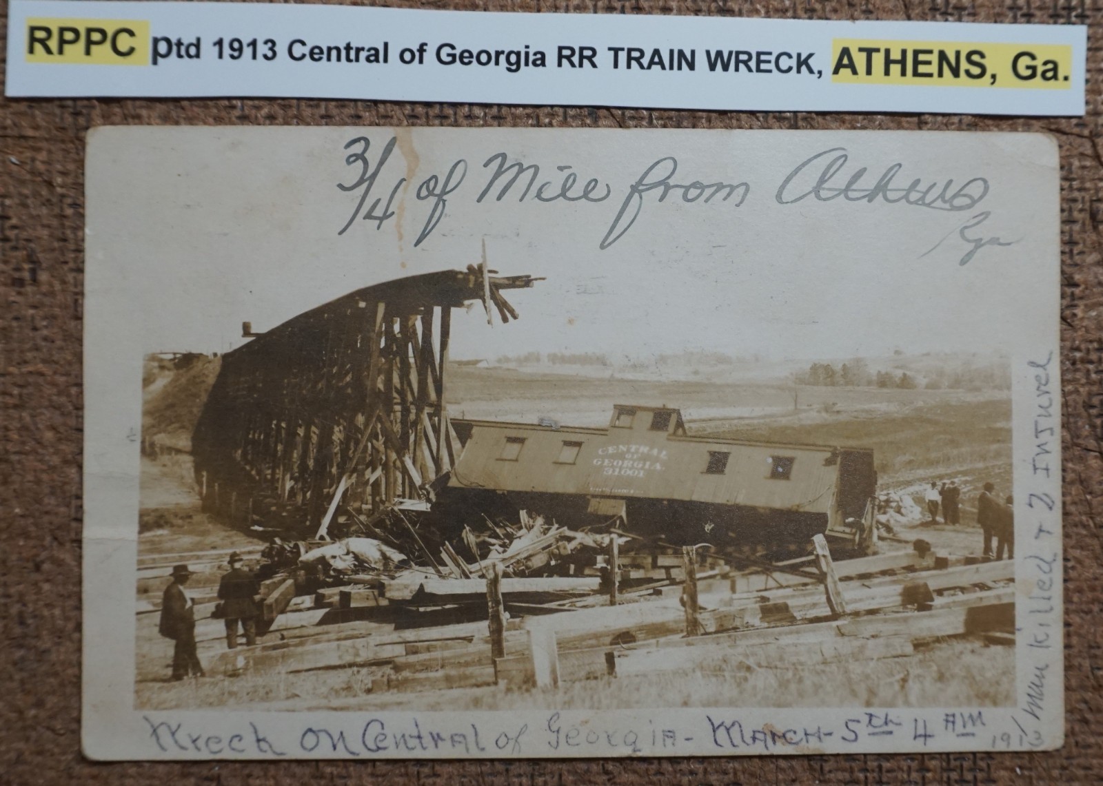 Athens Georgia Central of Georgia Railroad Train Wreck 1913 Real Photo Postcard