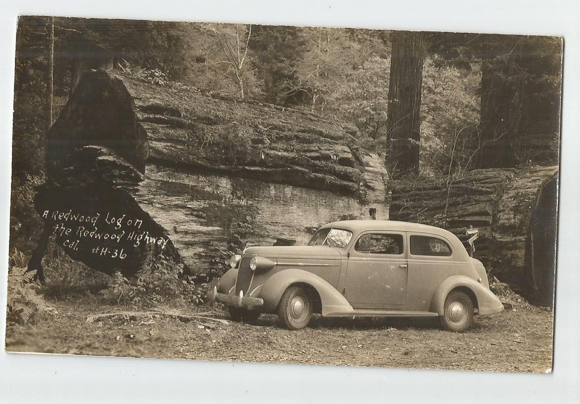 Redwood Highway California Redwood Log 1937 Pontiac Real Photo Postcard