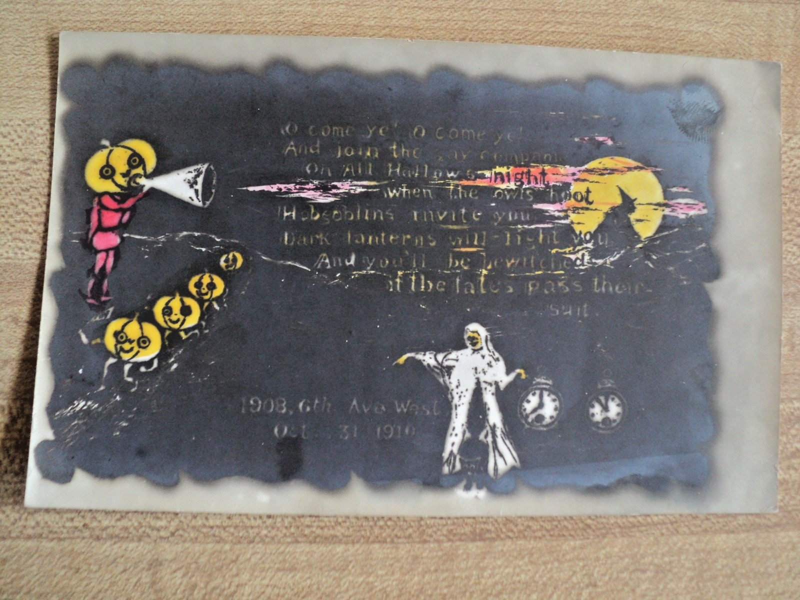 Halloween Party Invitation with Ghost J-O-L Man and Witch 1910 Real Photo Postcard