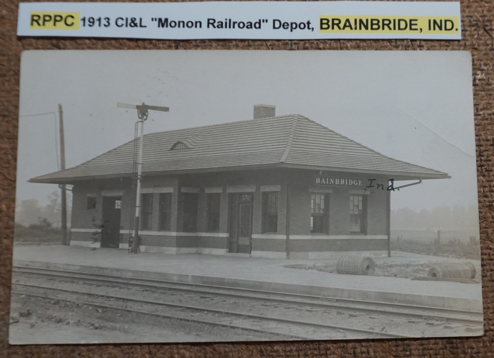 Brainbridge Indiana CI&L Monon Railroad Depot 1913 Real Photo Postcard