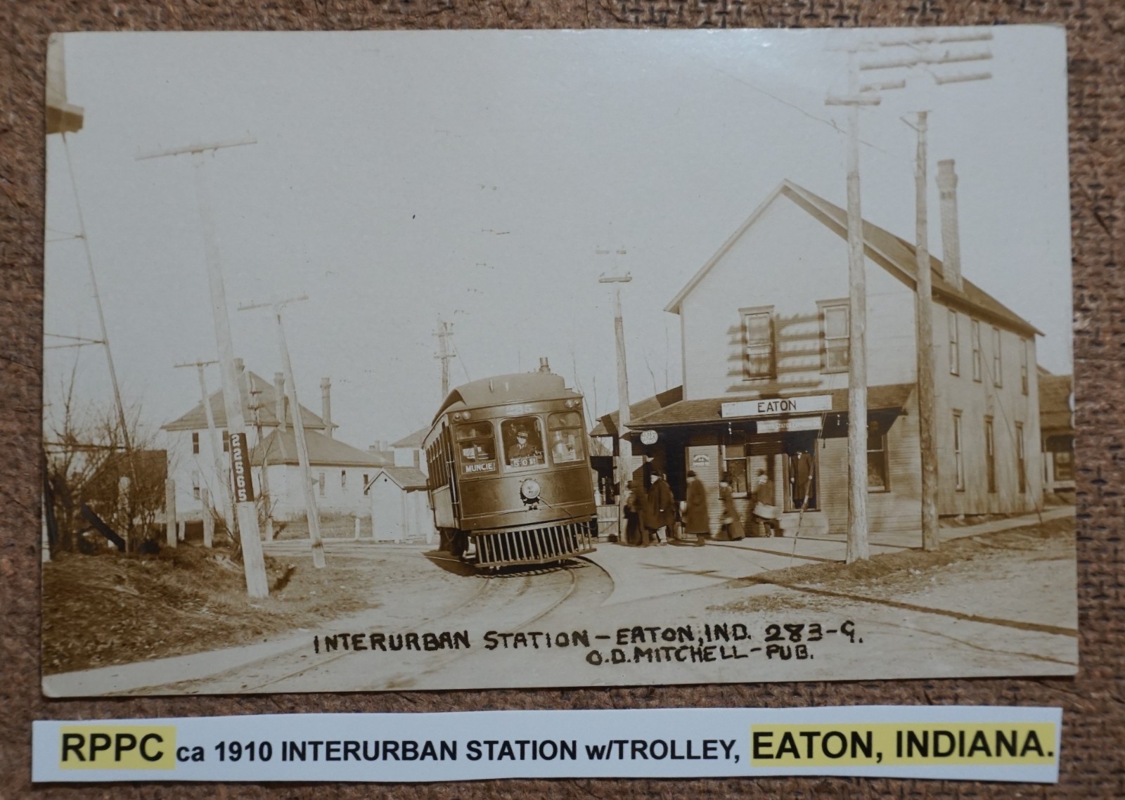 Eaton Indiana Interurban Station With Trolley 1910 Real Photo Postcard