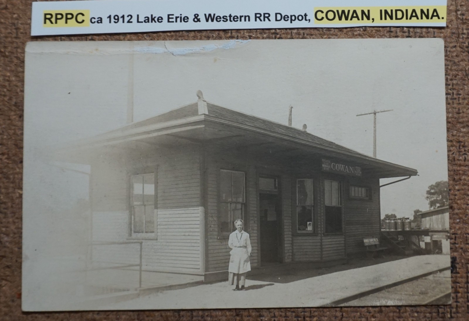 Cowan Indiana Lake Erie & Western Railroad Depot 1912 Real Photo Postcard