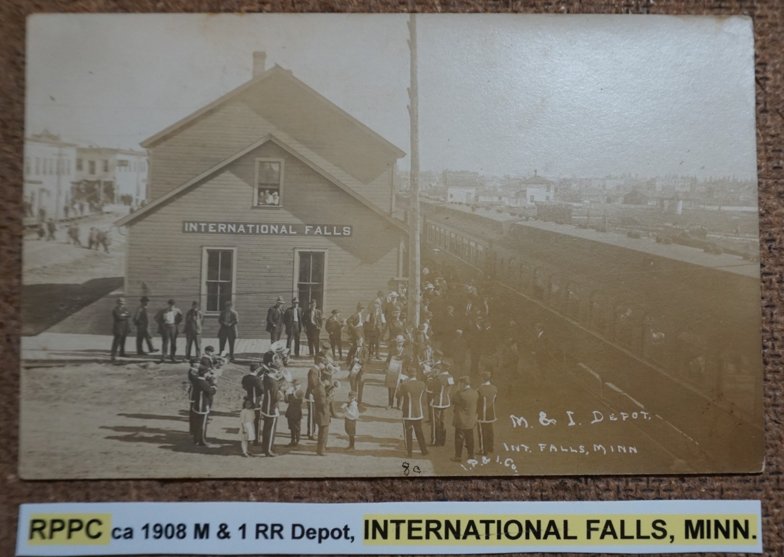 International Falls Minnesota M & I Railroad Depot 1908 Real Photo Postcard