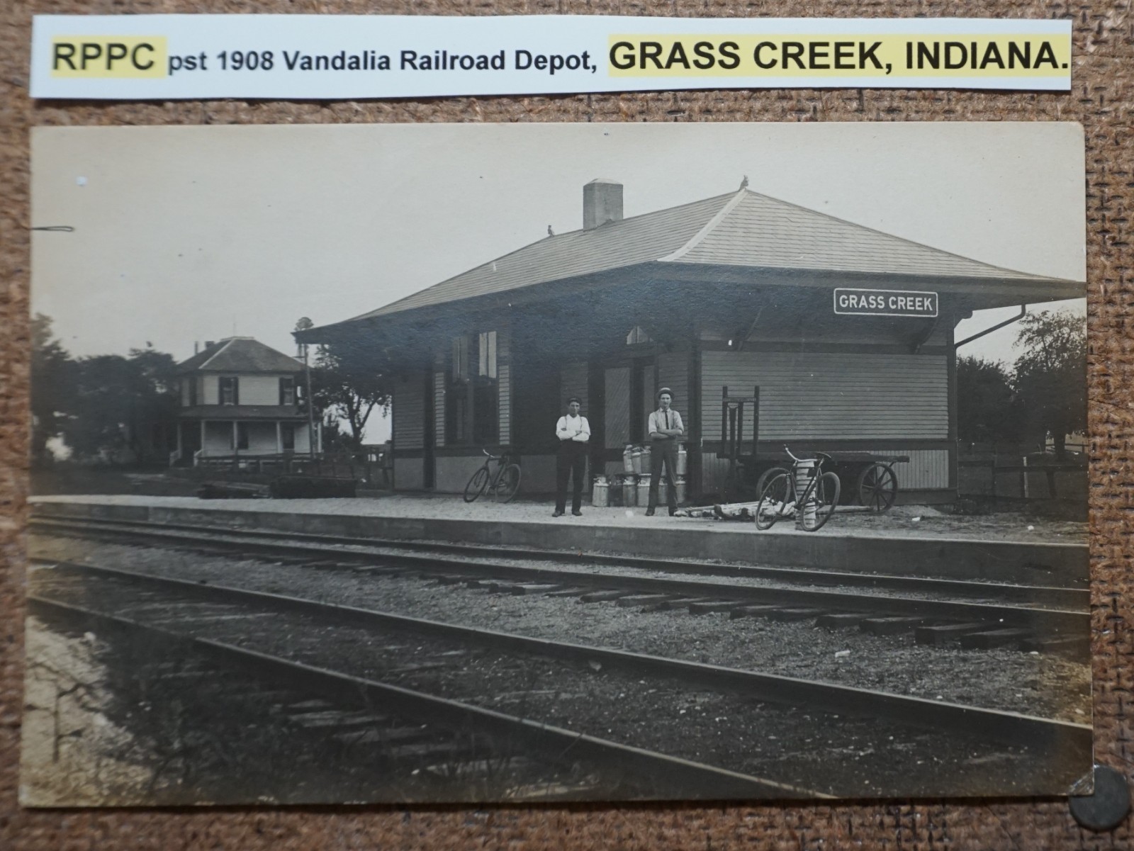 Grass Creek Indiana Vandalia Railroad Depot 1908 Real Photo Postcard