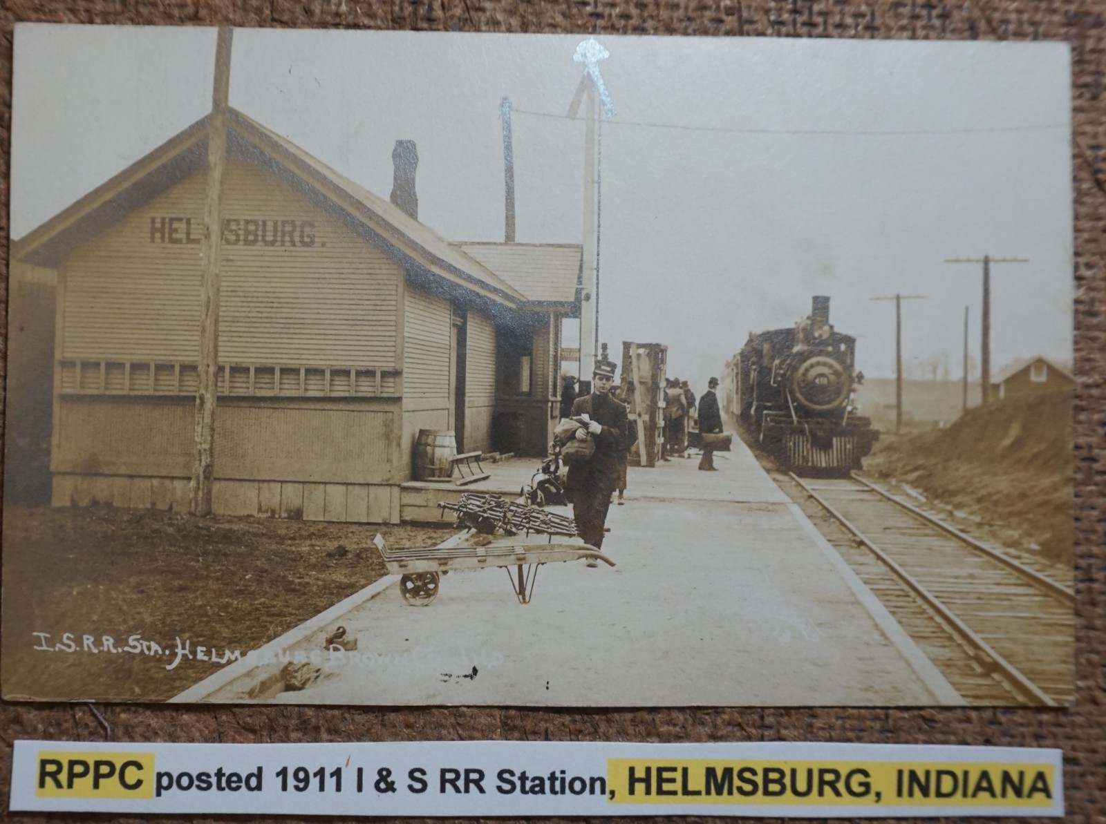 Helmsburg Indiana I & S Railroad Station With Train 1911 Real Photo Postcard