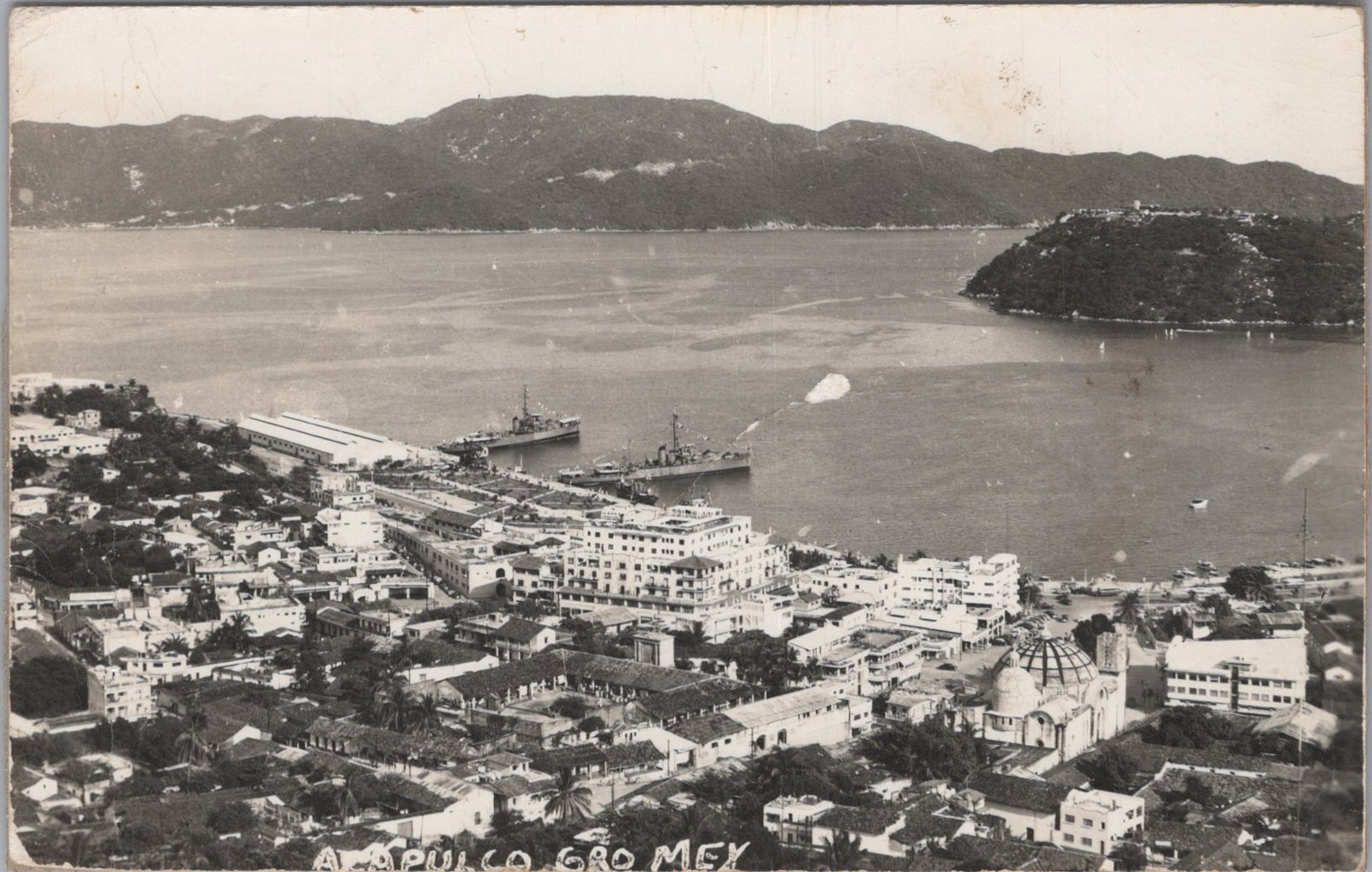 Acapulco Guerrero Bay Naval Ships Cathedral Real Photo Postcard