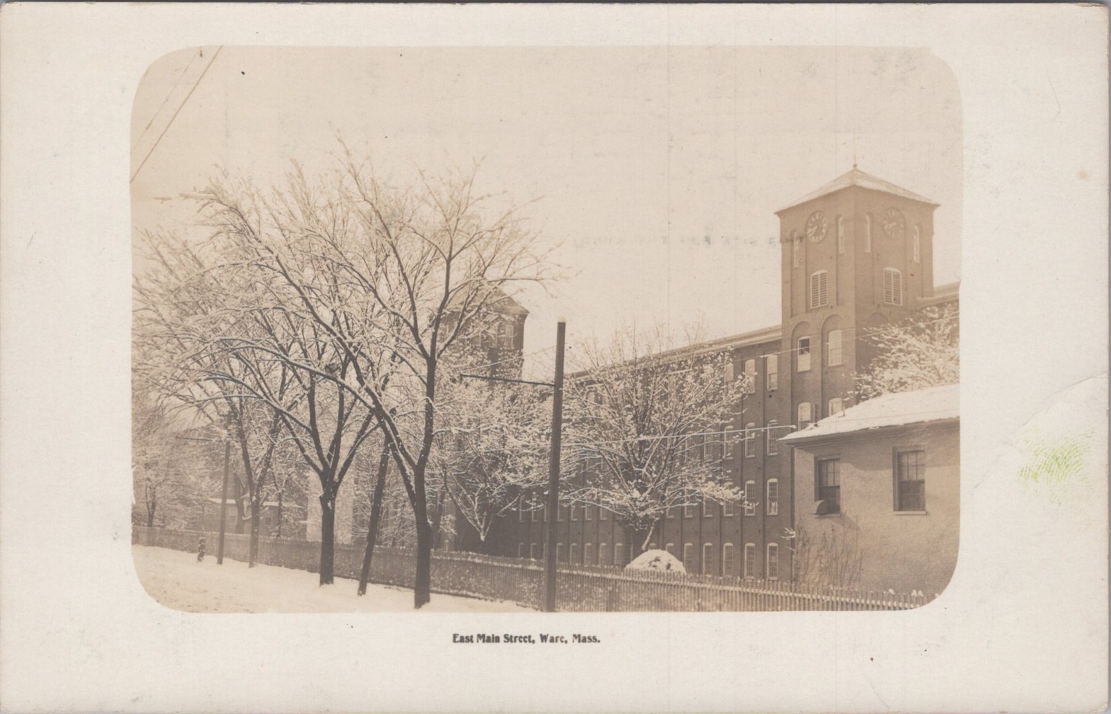 Ware Massachusetts East Main Street Clock Tower Snow Scene Real Photo Postcard