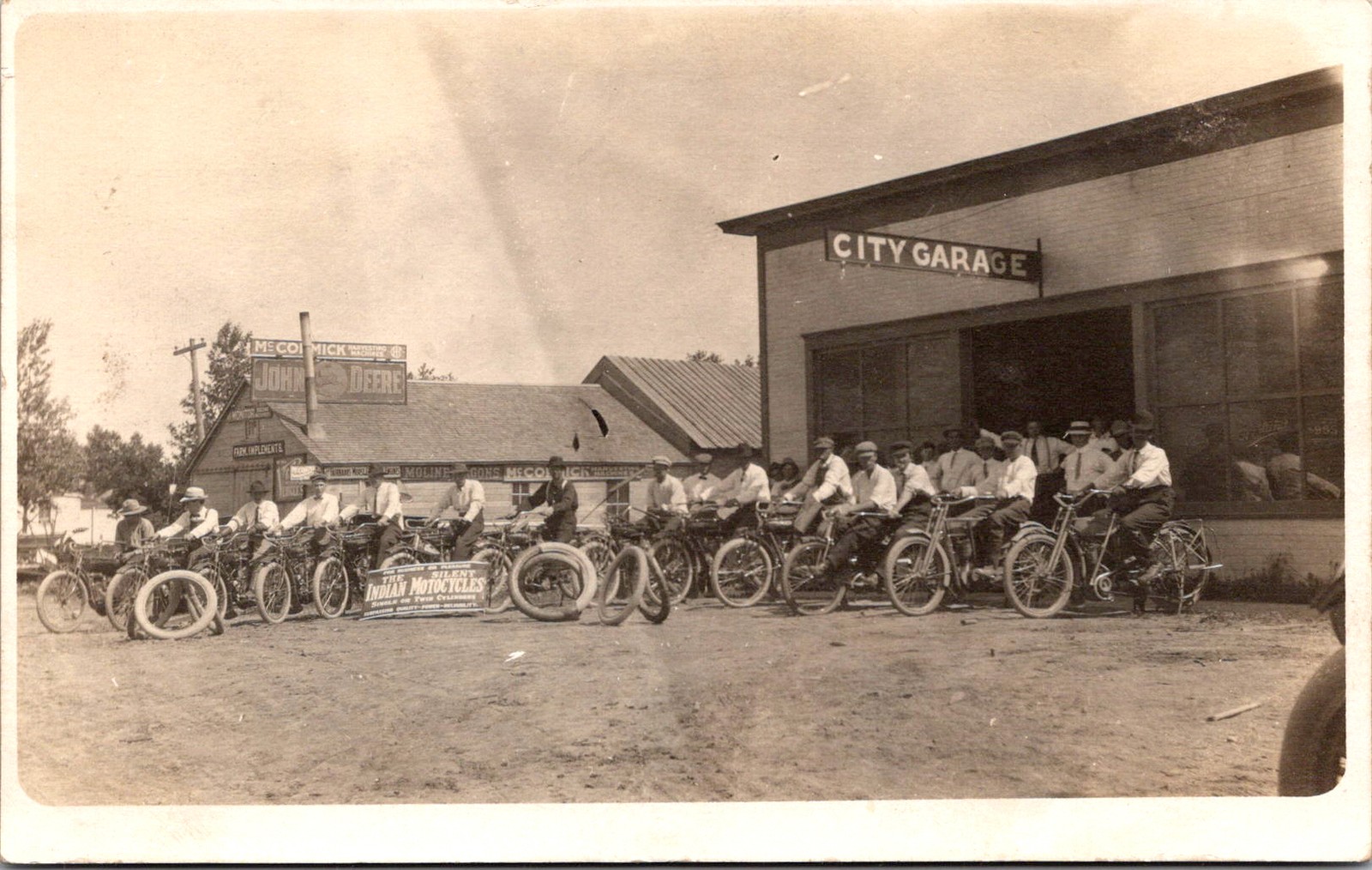 Herd Of Indian Motorcycles With Advertising Banner 1910 Real Photo Postcard