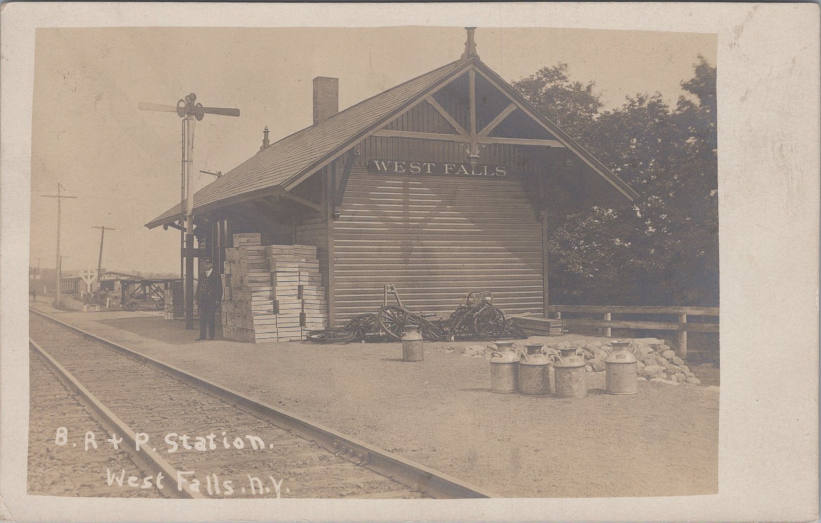 West Falls New York BR&P Railroad Station Milk Cans Signal Real Photo Postcard